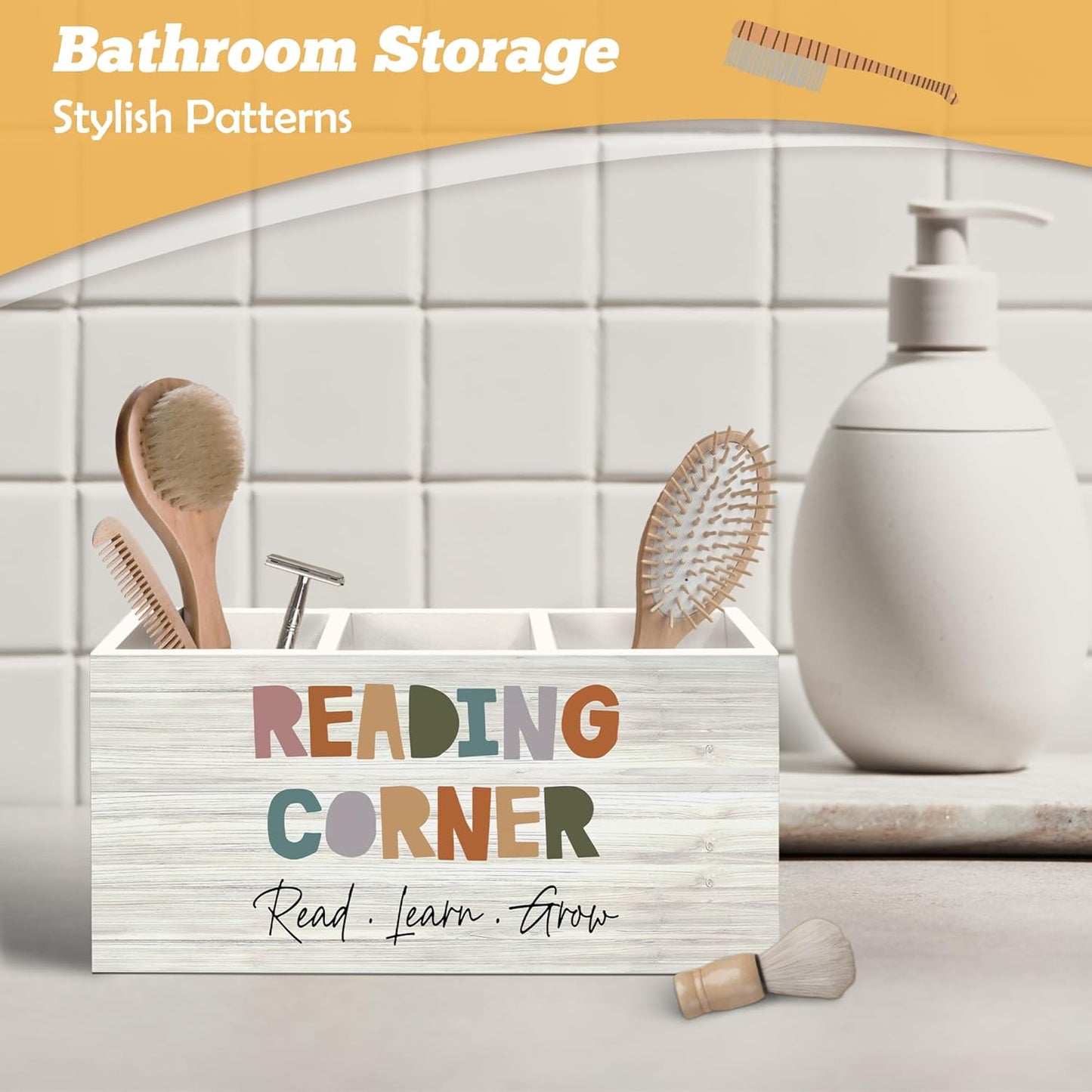 Boho Reading Corner Pen Holder Organizer for Desk Accessories, Boho Classroom Reading Wooden Box Desk Decorations for School Kids Room Bedroom Decor, Book Lovers Reader Bookish Gifts