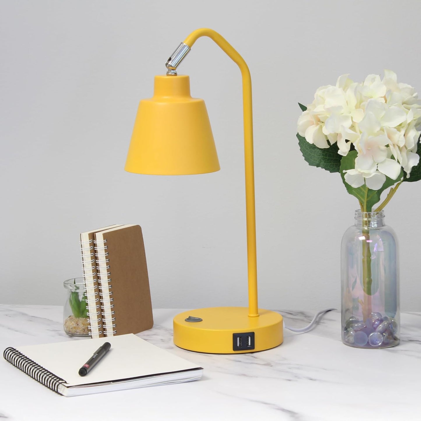 Simple Designs LD1071-YLW 16" Sleek Essentials Adjustable Metal Desk Task Lamp with Dual USB Ports, for Office, Desk, Nightstand, Dorm, Yellow