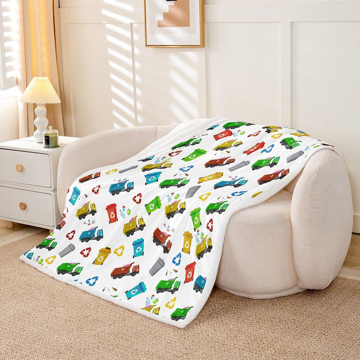 Garbage Truck Kids Throw Blanket,Cartoon Trash Truck Transport Vehicles Bed Blanket,Boys Girls Adults Room Decor,Trash Can Chic Fleece Blanket,Colorful Bright Fuzzy Blanket,Twin Size (60 x 80 Inches)