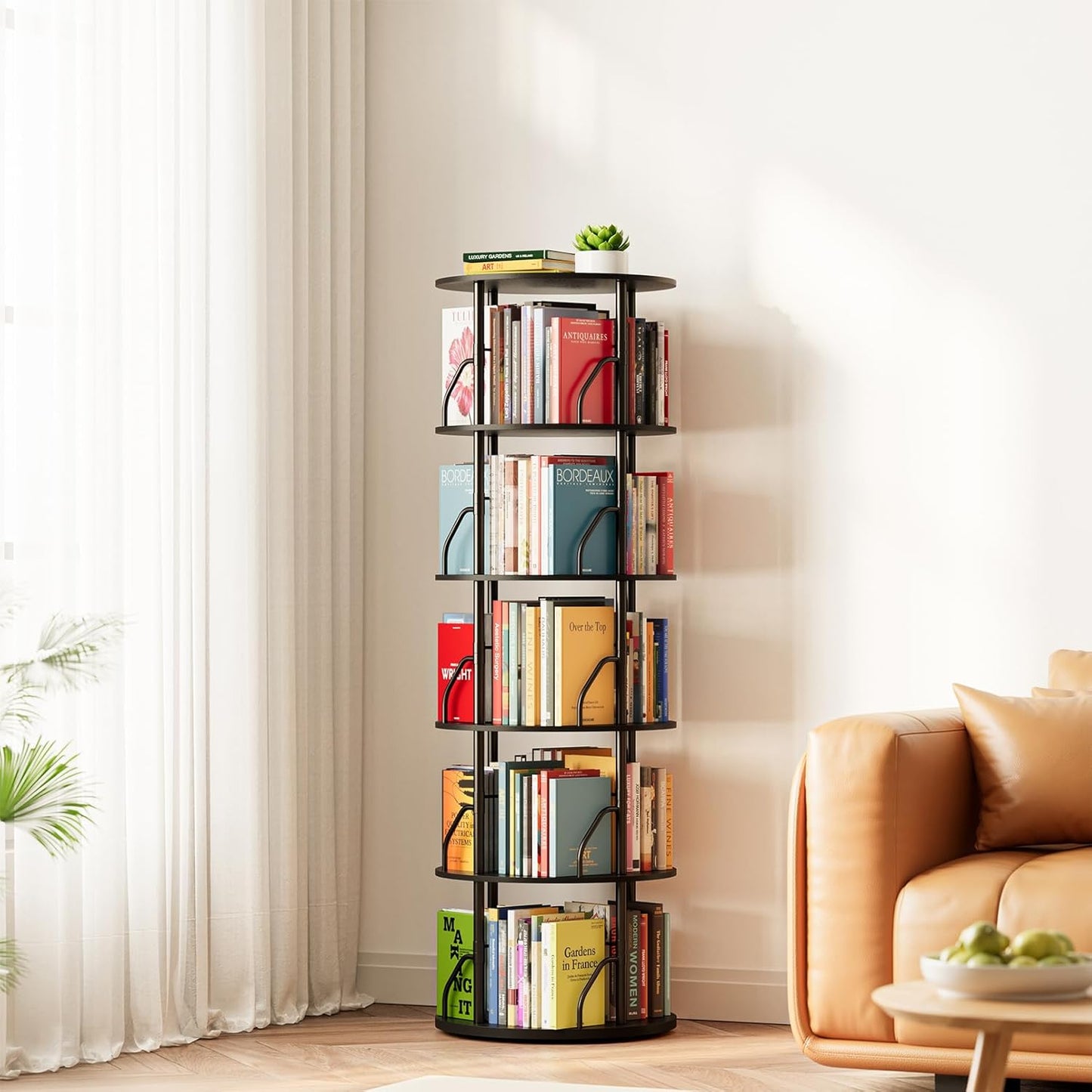 SpaceAid 5 Tier Rotating Bookshelf Tower, 360 Display Stackable Spinning Bookcase, Space Saving Revolving Round Book Shelf, Floor Standing Swivel Corner Organizer, Black