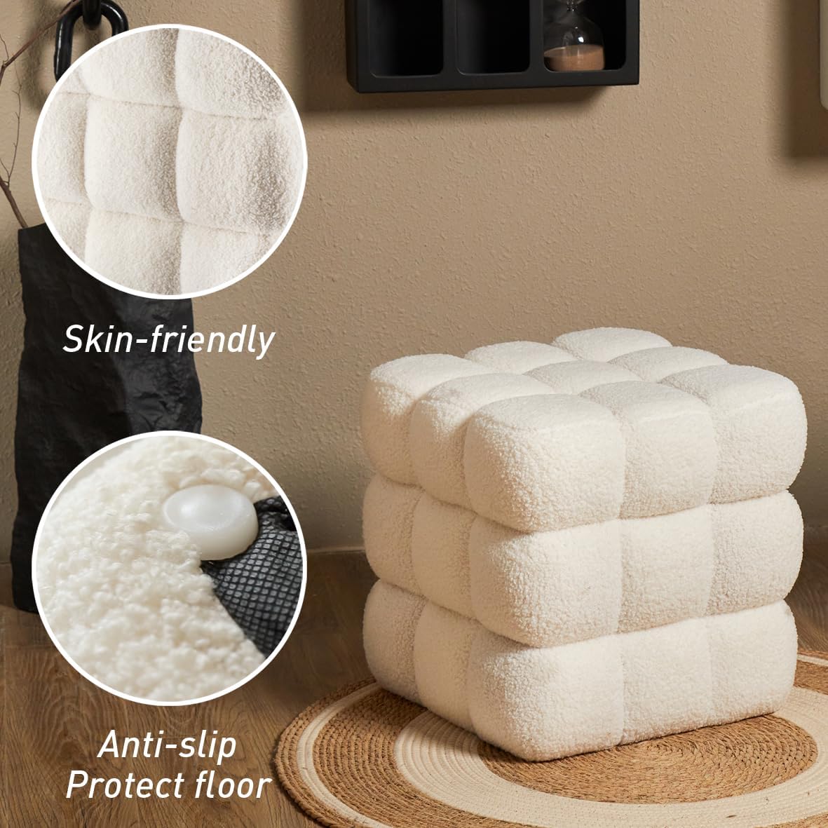 White Square Ottoman 17''3 Cube Pouf Installed,no Vacuum,Sturdy Wooden Frame,Capacity 330 lbs,Modern Sofa Stool Fuzzy Sherpa Footstool,Foot Rest,Cube Boucle,Vanity Stool,for Couch Living Room