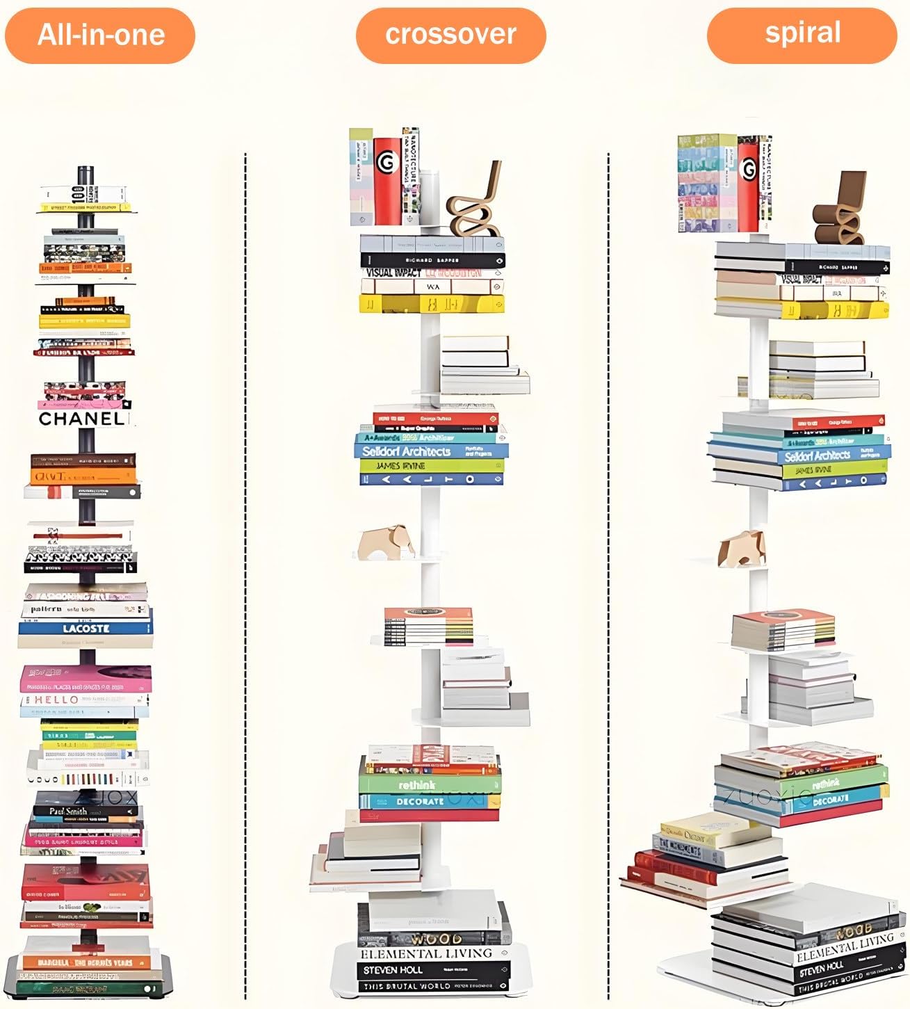 9-Tier Rotating Book Shelf, 360° Spin Metal Spine Book Tower, Tall Narrow Corner Bookcase, Floor Standing Storage Shelf for Bedroom, Living Room, Home Office - White