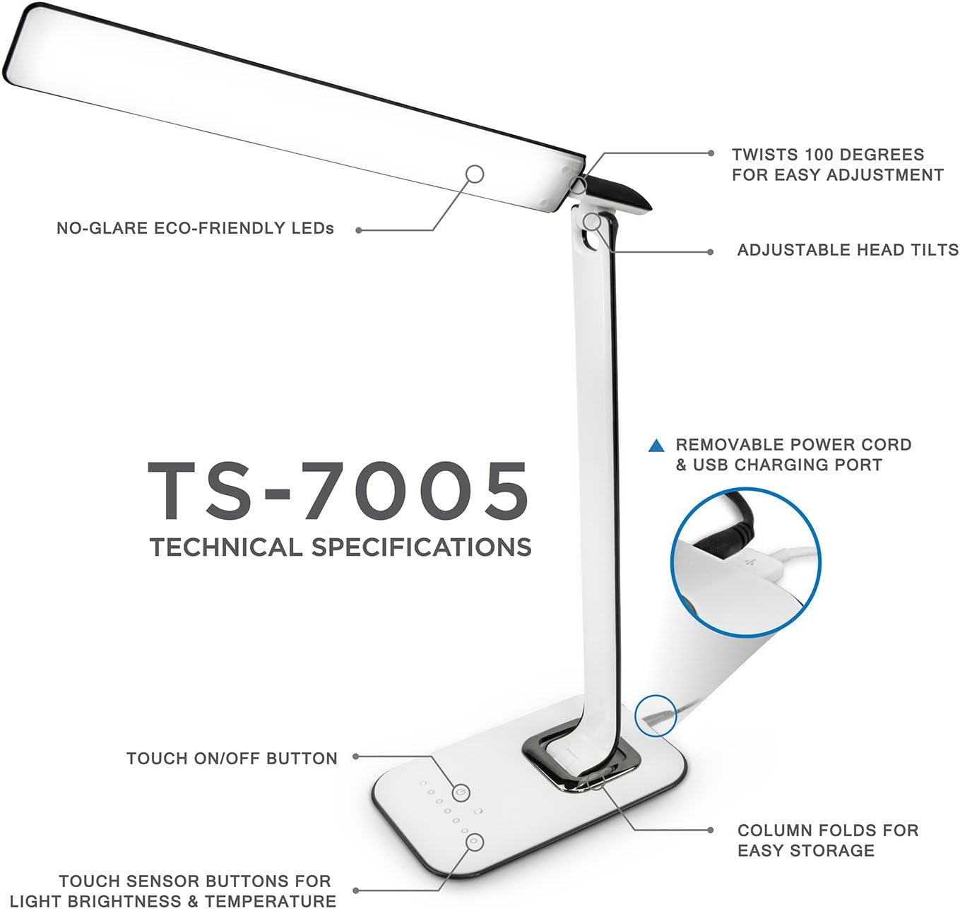 Turcom LED Desk Lamp With USB Charging Port Dimmable Touch Controls w/Color Adjustment, Eye Care Task Lamp, 5W, 1000 Lux,Multicolor