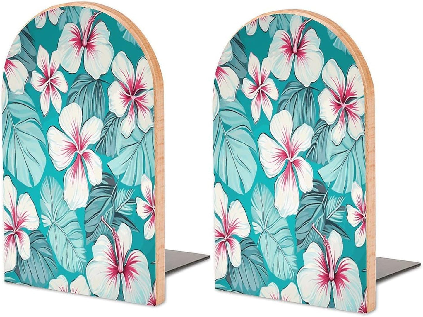 Tropical Hibiscus Flowers Bookend for Shelves Wooden Book End Large Size Sturdy Book Holders Stoppers with Metal Base for Bookshelves Slick Decorative Bookends Stands