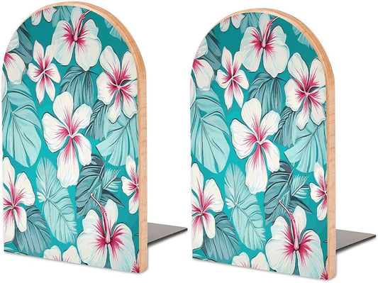 Tropical Hibiscus Flowers Bookend for Shelves Wooden Book End Large Size Sturdy Book Holders Stoppers with Metal Base for Bookshelves Slick Decorative Bookends Stands