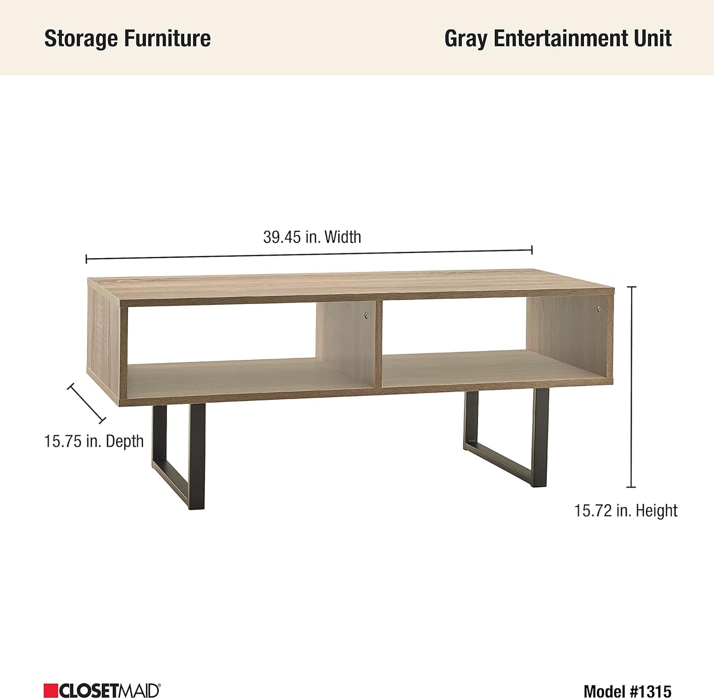 ClosetMaid Rectangular Wood Coffee Table with Storage Shelves, Narrow, 39.45" Wide, Light Finish, Gray