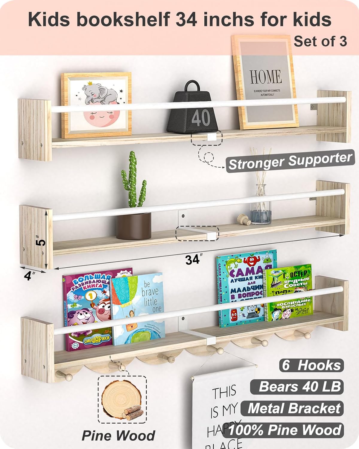 Nursery Book Shelves 34 inchs, Floating Book Shelves for Wall Nursery, Wall Mount Nursery Shelves Set of 3, Perfect for Living Room, Kids Room, Playroom & Bedroom.