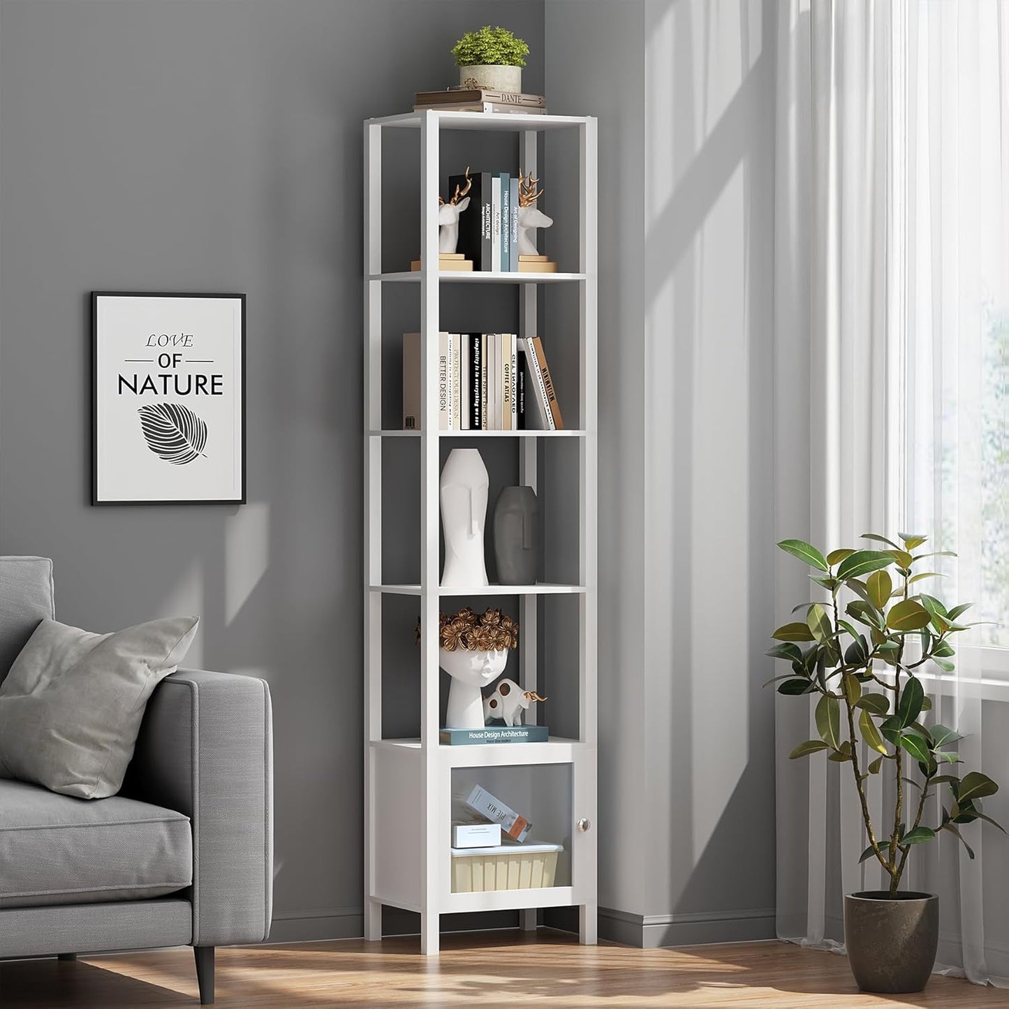 TUTOTAK 6 Tier Bookcase and Bookshelf, Narrow Book Shelf with Door for Small Space, for Living Room, Office, Study, Entryway, White BS03BW006