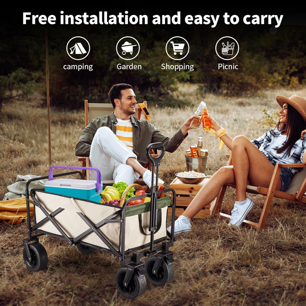Heavy-Duty Camping Wagon Cart, 150L Extra Large Collapsible Utility Wagon with 440 lbs Capacity, 6.5" Solid Rubber All-Terrain Wheels, Dual Step-On Brakes, Adjustable Auto-Return Handle, Beige & Green
