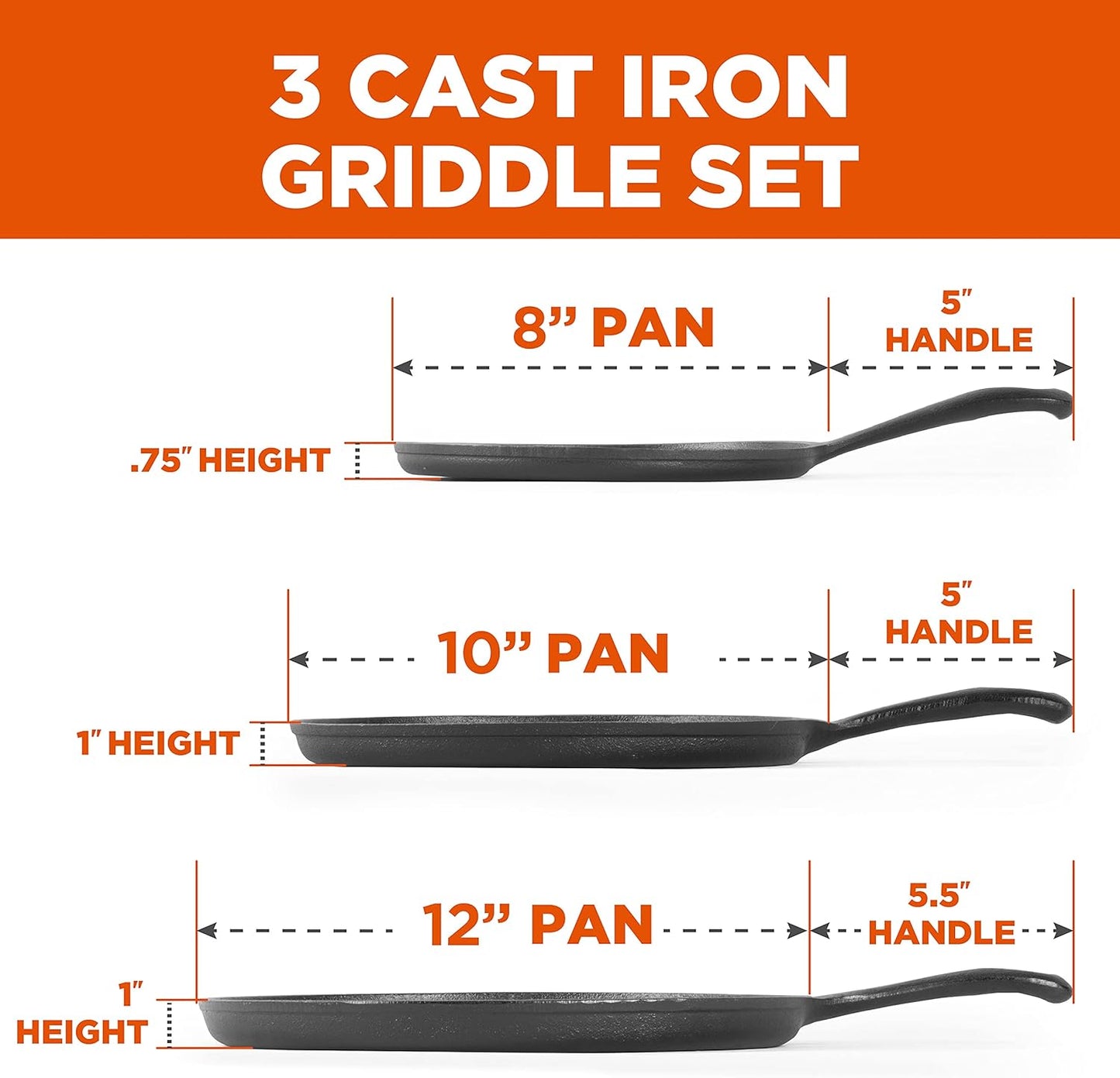 Commercial CHEF 3-Piece Cast Iron Griddle Set, Pre-Seasoned Cast Iron, Includes 8”, 10” & 12” Griddle Pans, Works on All Cooktops Including Induction, Outdoor Cookware for Campfires, CHCI81012