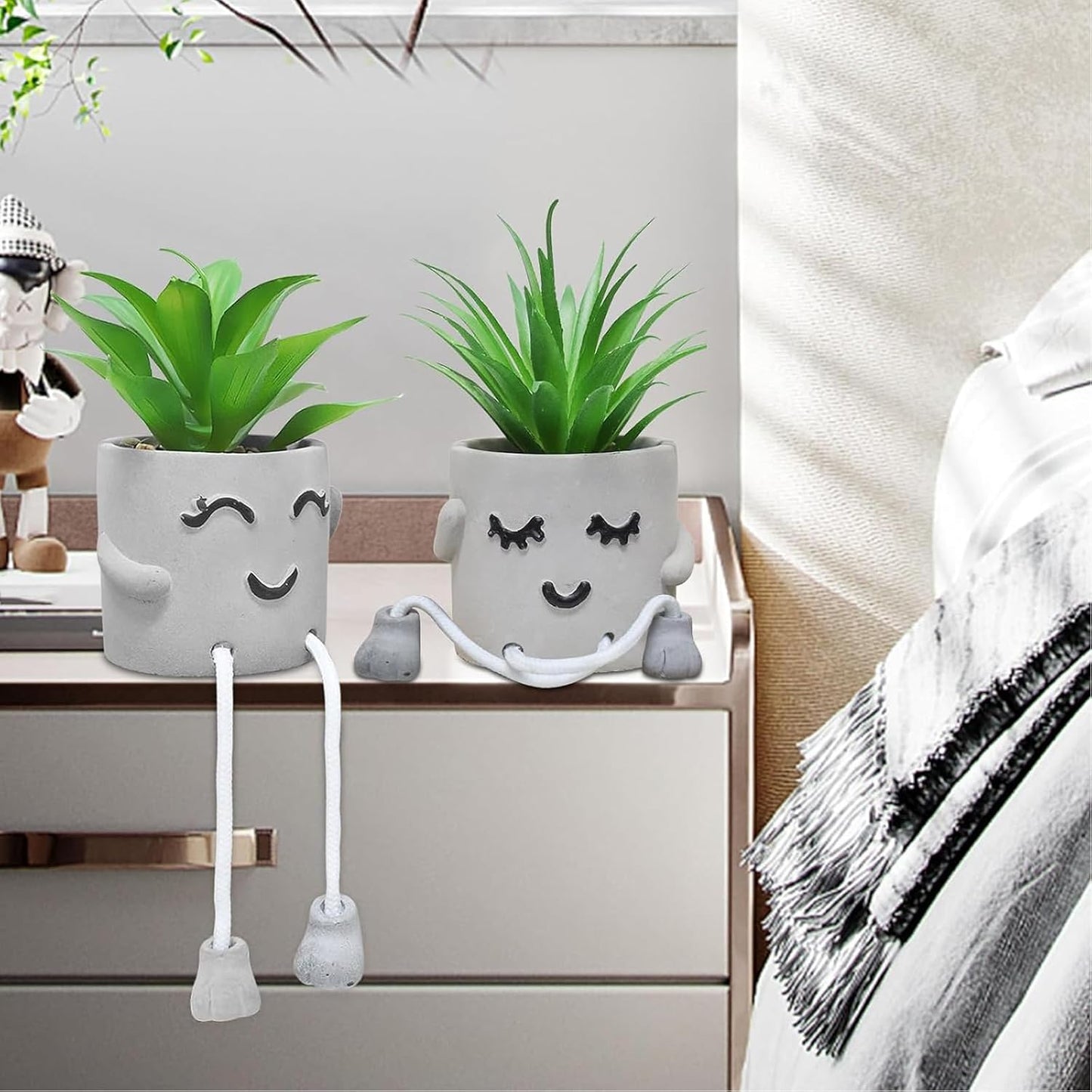 Zerzsy Faux Succulents in Cement Pots with Hanging Leg, Potted Mini Fake Plants for Desk Decor, Kitchen Shelf Decor, Office Decoration for Women, Bathroom Shelf Plants Decoration- Set of 2