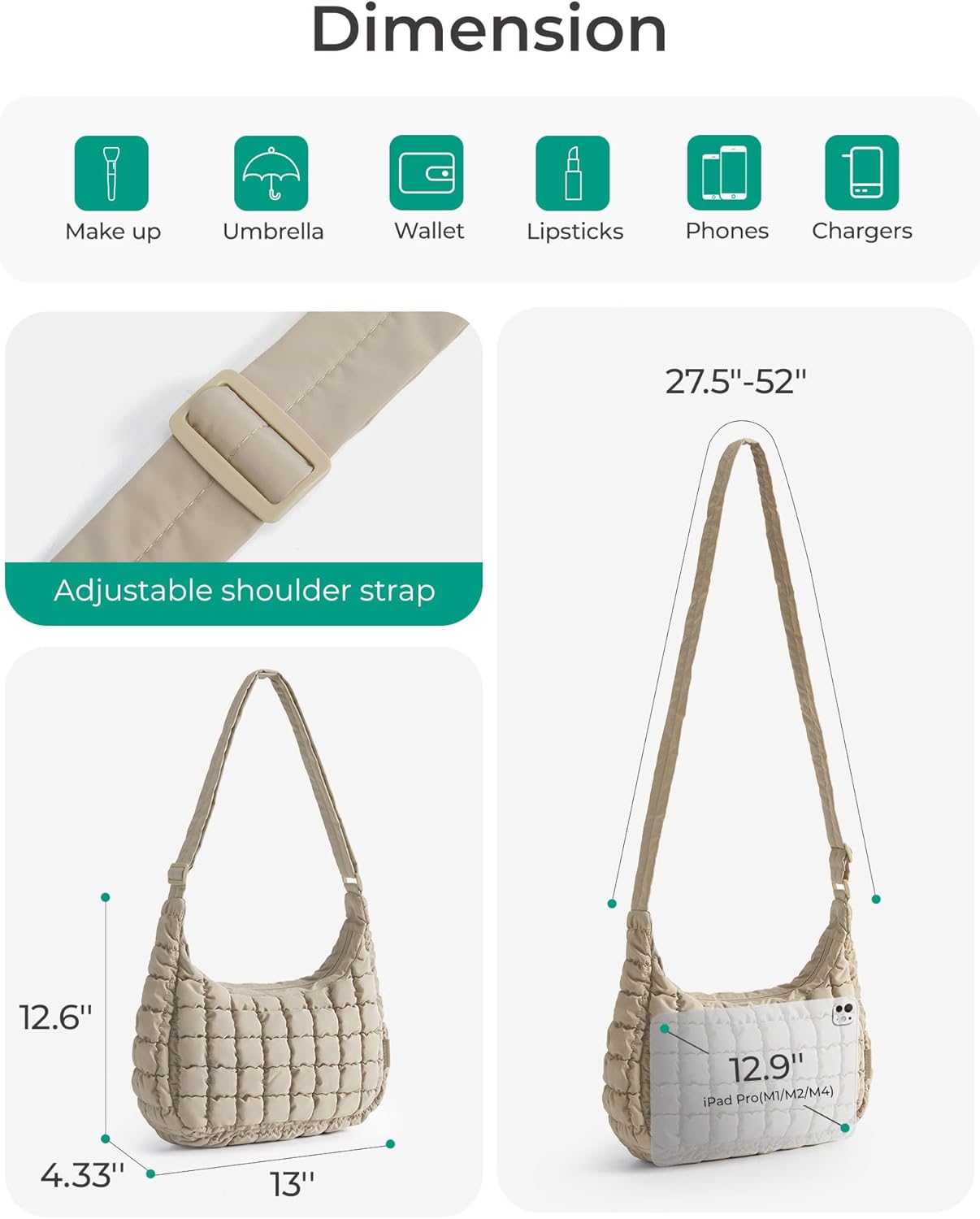 BAGSMART Crossbody Bags for Women, Quilted Puffy Purses for Women, Fluffy Travel Essentials Shoulder Hobo Bag | Compact Purse, w/ adjustable Strap, scratch-resistant, water-resistant, Daily use, travel, weekend getaways