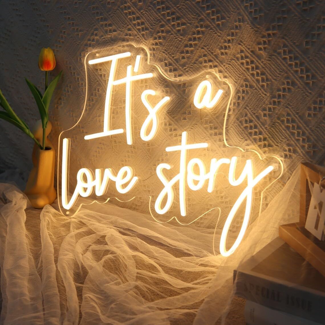 It's a Love Story Neon Signs for Wall Decor, 14.2 * 11 Inches Light Up Sign for Wedding, Engagement Decor,Dimmable Aesthetic Party Birthday Bedroom Bar Pub Club Wall Decor Decorations, INSNEnN
