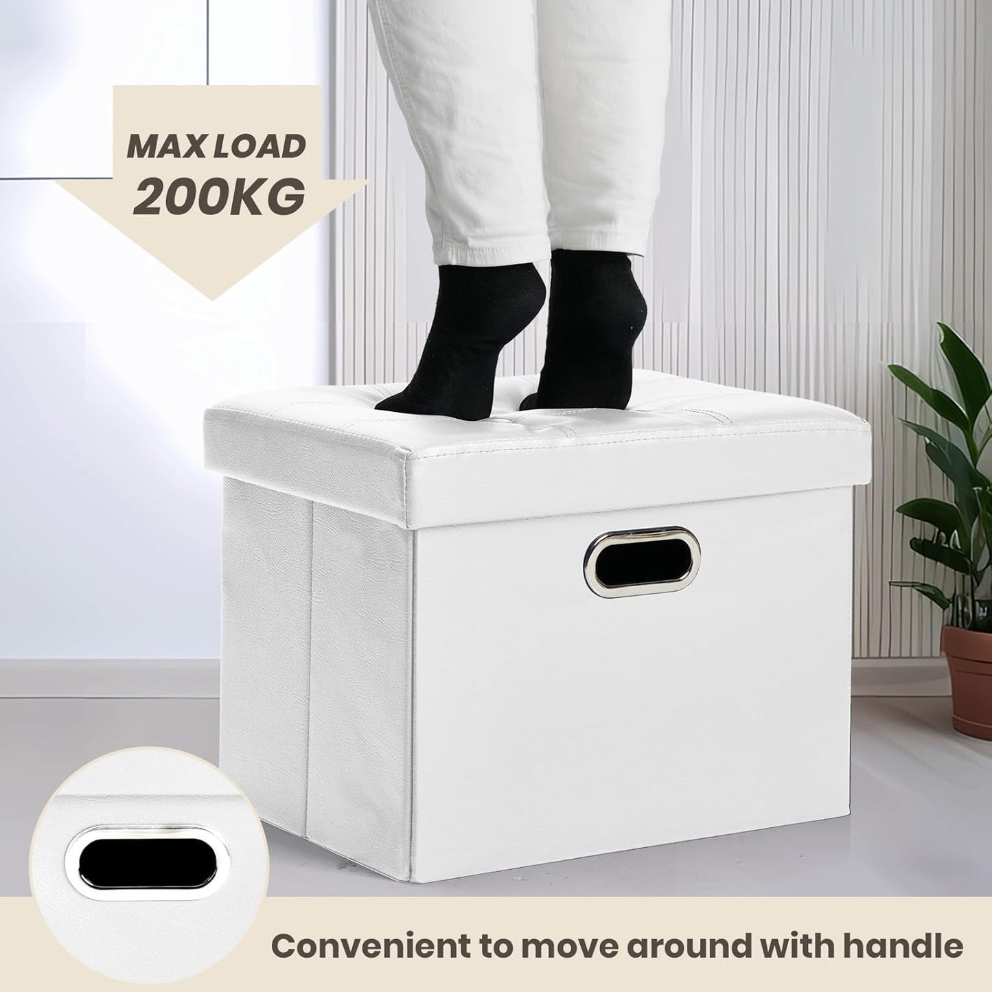 COSYLAND Storage Ottoman 17x13x13in Leather Rectangle Foot Rest Folding Bench Seat Organizer Entryway Furniture with Handles Lid White