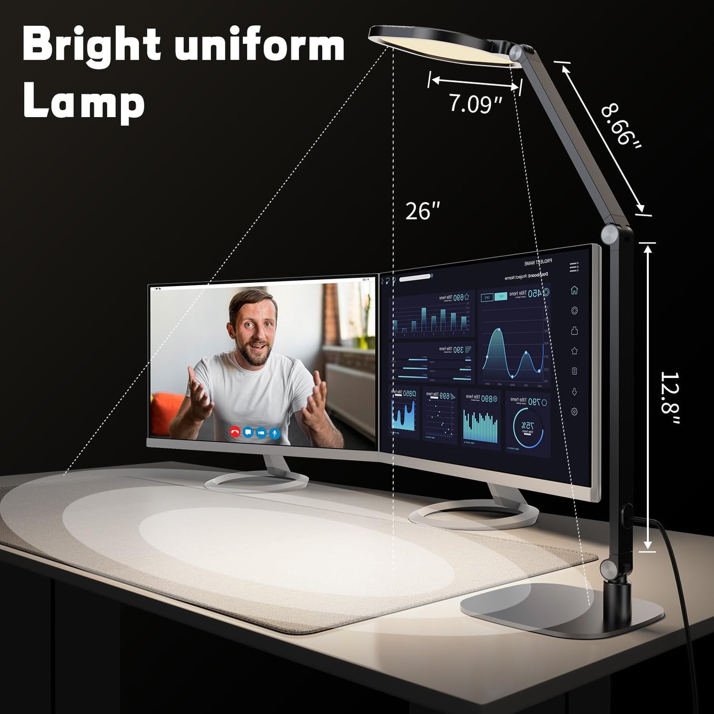 LED Desk Lamp for Home Office – Professional Eye-Caring Soft Diffused Light, Dimmable Desk Lamp with Adjustable Metal Swing Arm, Memory & Timer, Modern Anti-Glare Table Lamp