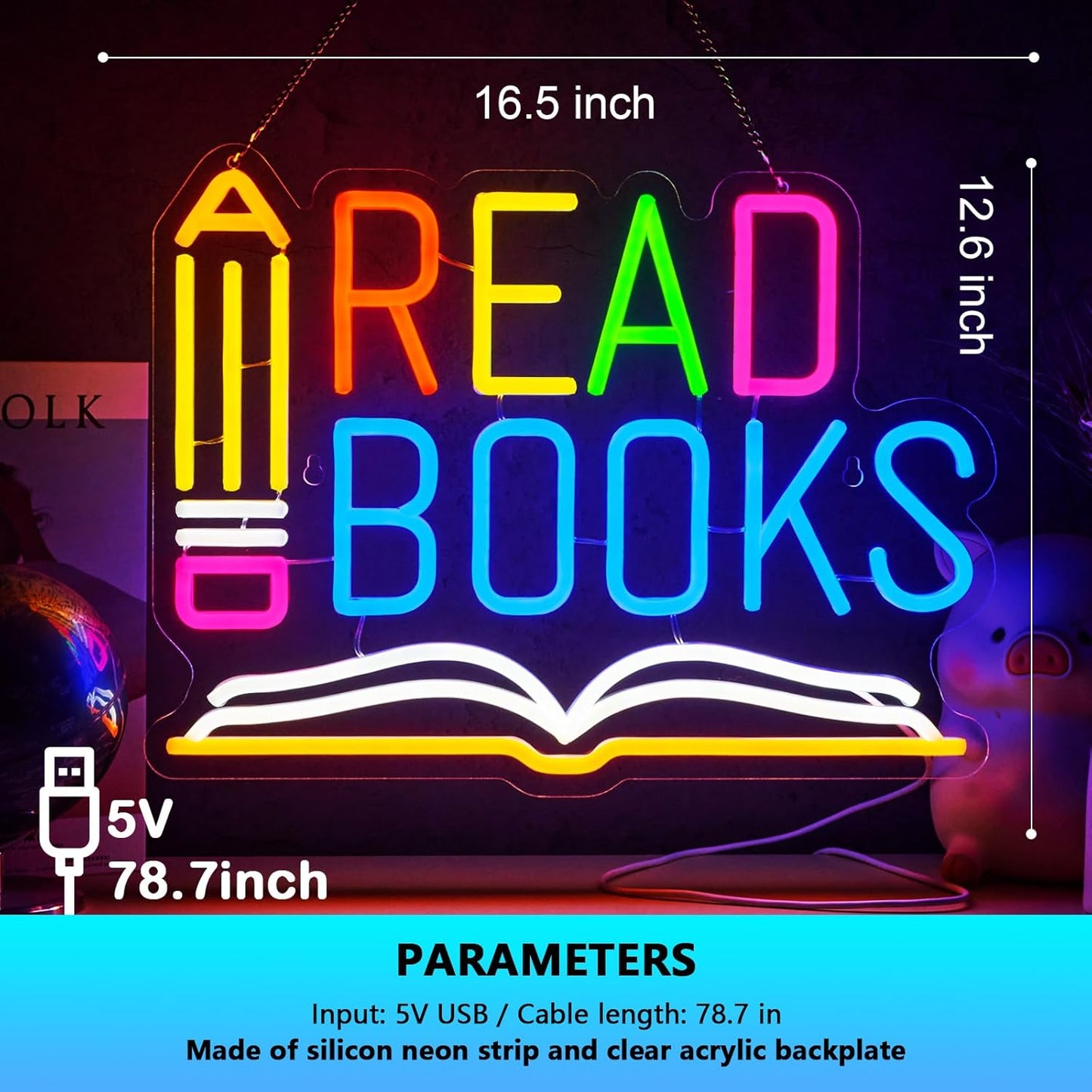 Read Books Neon Sign Read More Books Neon Signs for Wall Decor Pencil and Book USB Dimmable LED Lights for Student Suitable for Classroom Bookstore Library Museum Study Room Gift for Teen Boys Girls Christmas