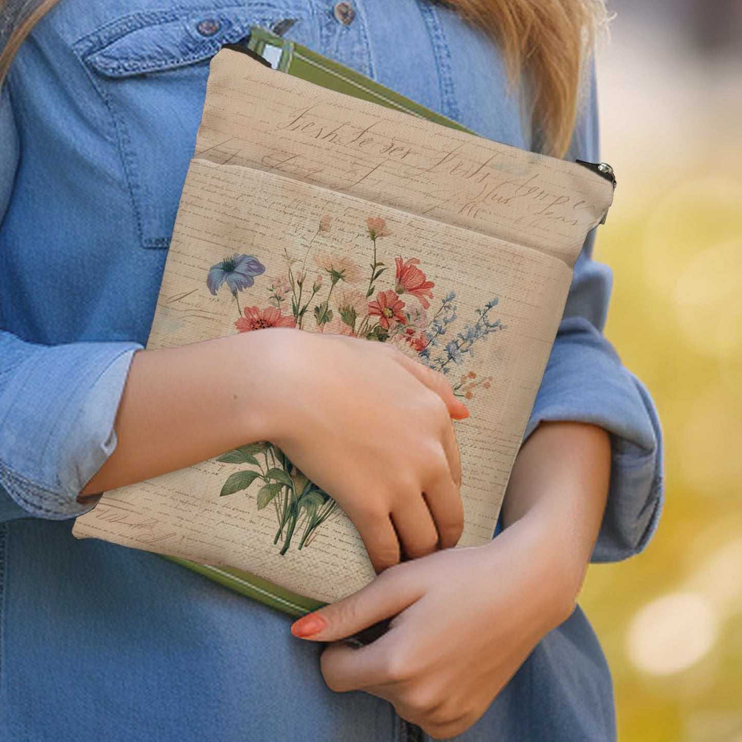 Vintage Flower Book Cover, Book Sleeve with Zipper & Front Pocket, Reusable Book Pouch, Butterfly Floral Linen Prints Book Sleeve for Book Lovers, Bookish Gifts (Wildflower3, Large)