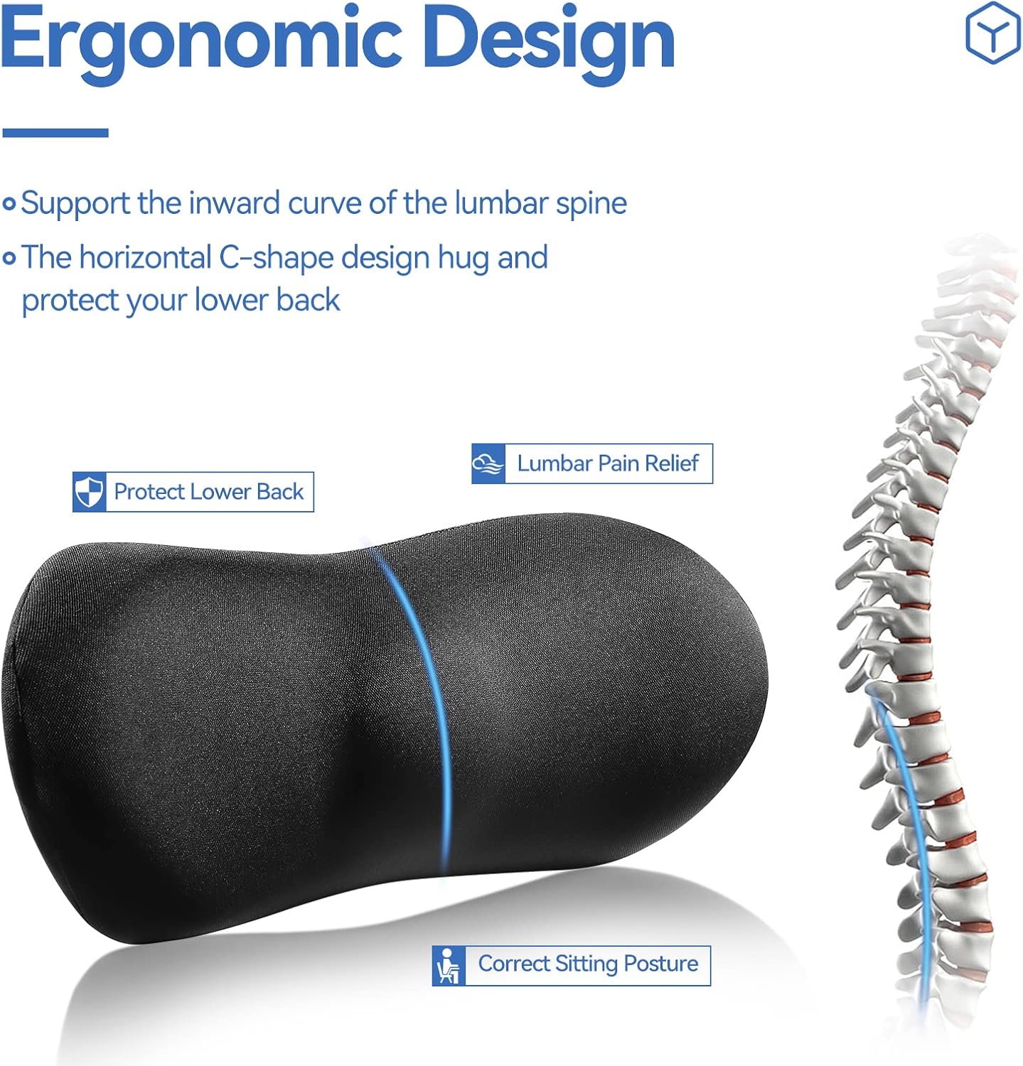 Lumbar Support Pillow for Car with Dual-Grip™ Stability System - Advanced Adaptive Memory Foam Back Pillow for Lower Back Pain Relief, Ergonomic Driving Seat & Office Chair Cushion, Black