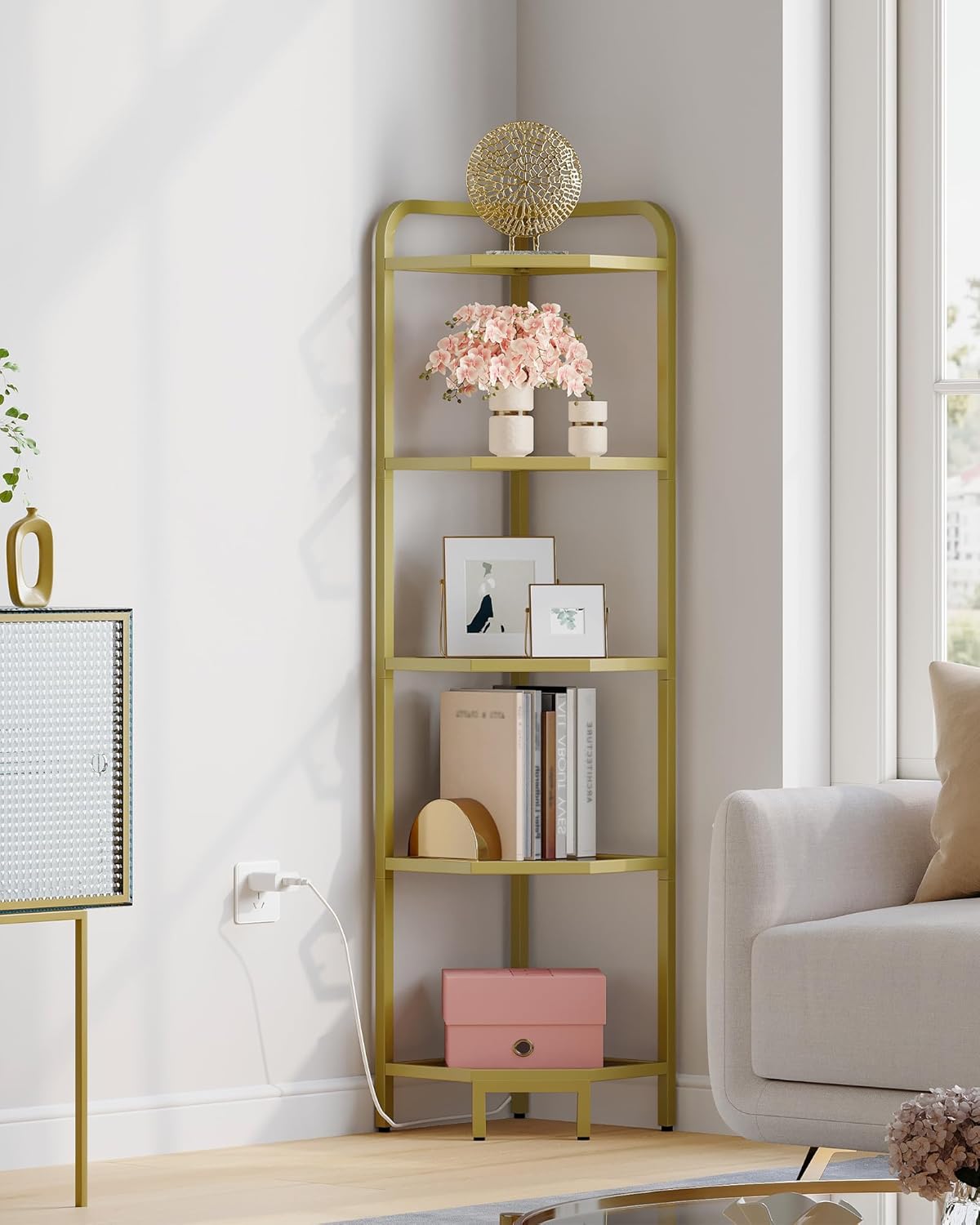 Corner Shelf with LED Lighting, 5-Tier Glass Bookshelf, Steel Frame, Tempered Glass, Modern Style Corner Shelf, Suitable for Living Room, Bedroom and Game Room, Gold CS09599G