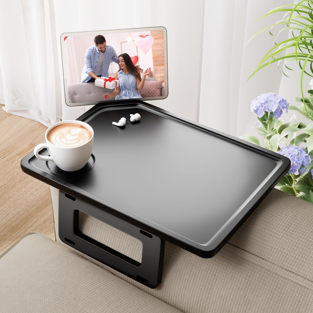 Smatdecis Couch Arm Tray Table Sofa Arm Clip Table, Armrest Tray Table Suitable for Home Drinks/Fast Food/Fruit Etc, Large Size Multi-Function Black