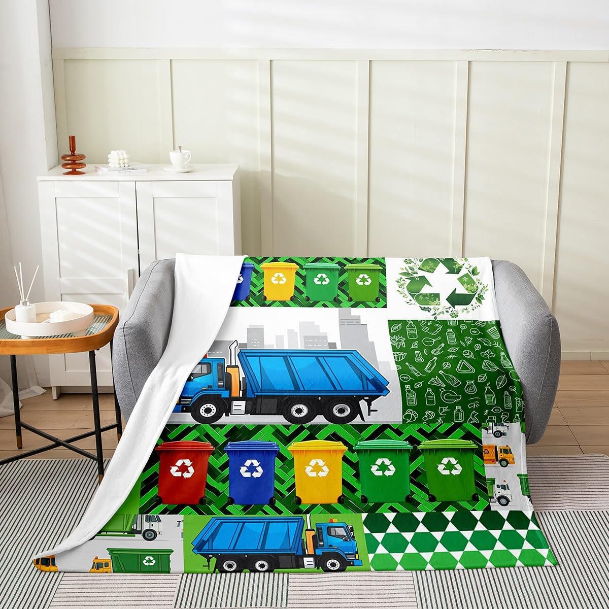 Garbage Truck Flannel Blanket 40"x50" Warm Lightweight,Cartoon Car Waste Truck Bed Sofa Couch Blankets,Trash Can Patchwork Fuzzy Blanket Room Decor,Green Blue Breathable Flannel Plush Blanket