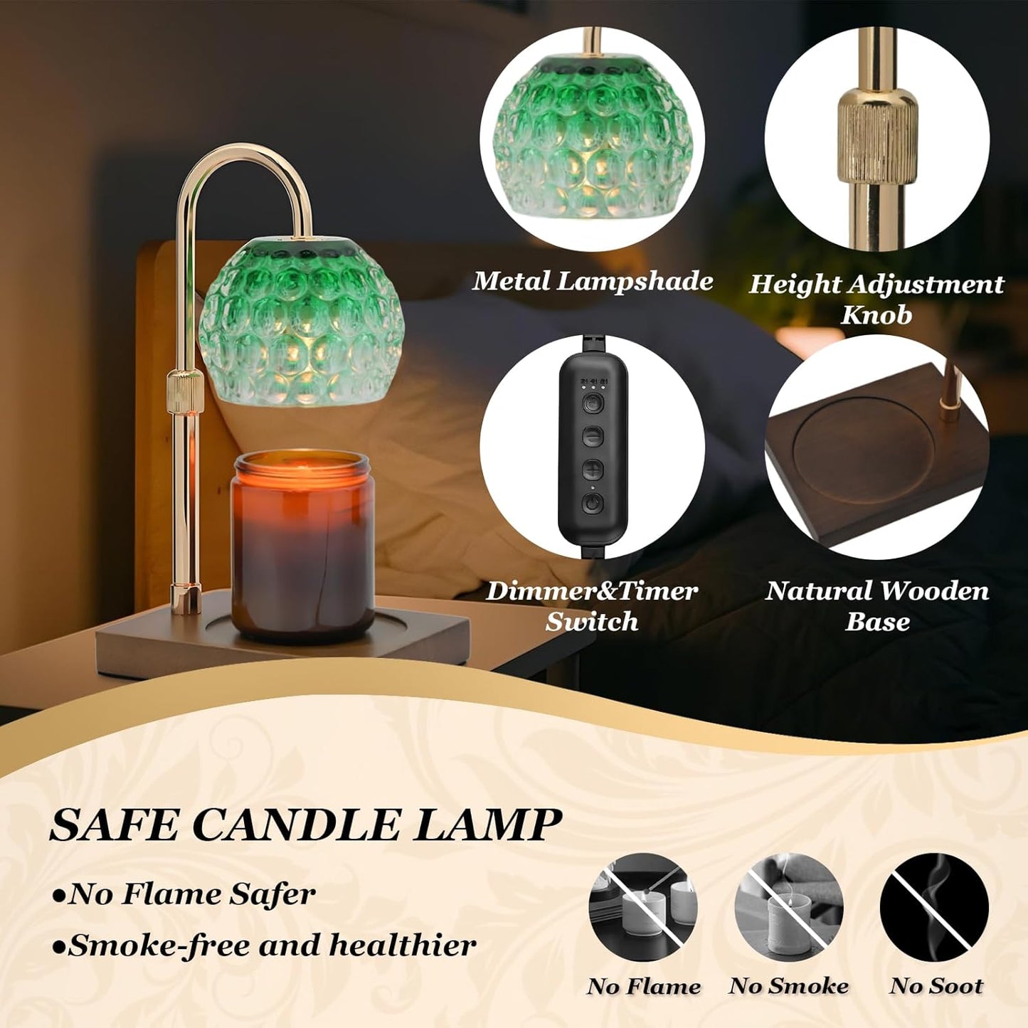 Candle Warmer Lamp Timer - Christmas Gifts for Women Mom, House Warming Gifts New Home Decor Modern Farmhouse Decor, Glass Candle Warmer Wax Melt with 2 Bulbs Green