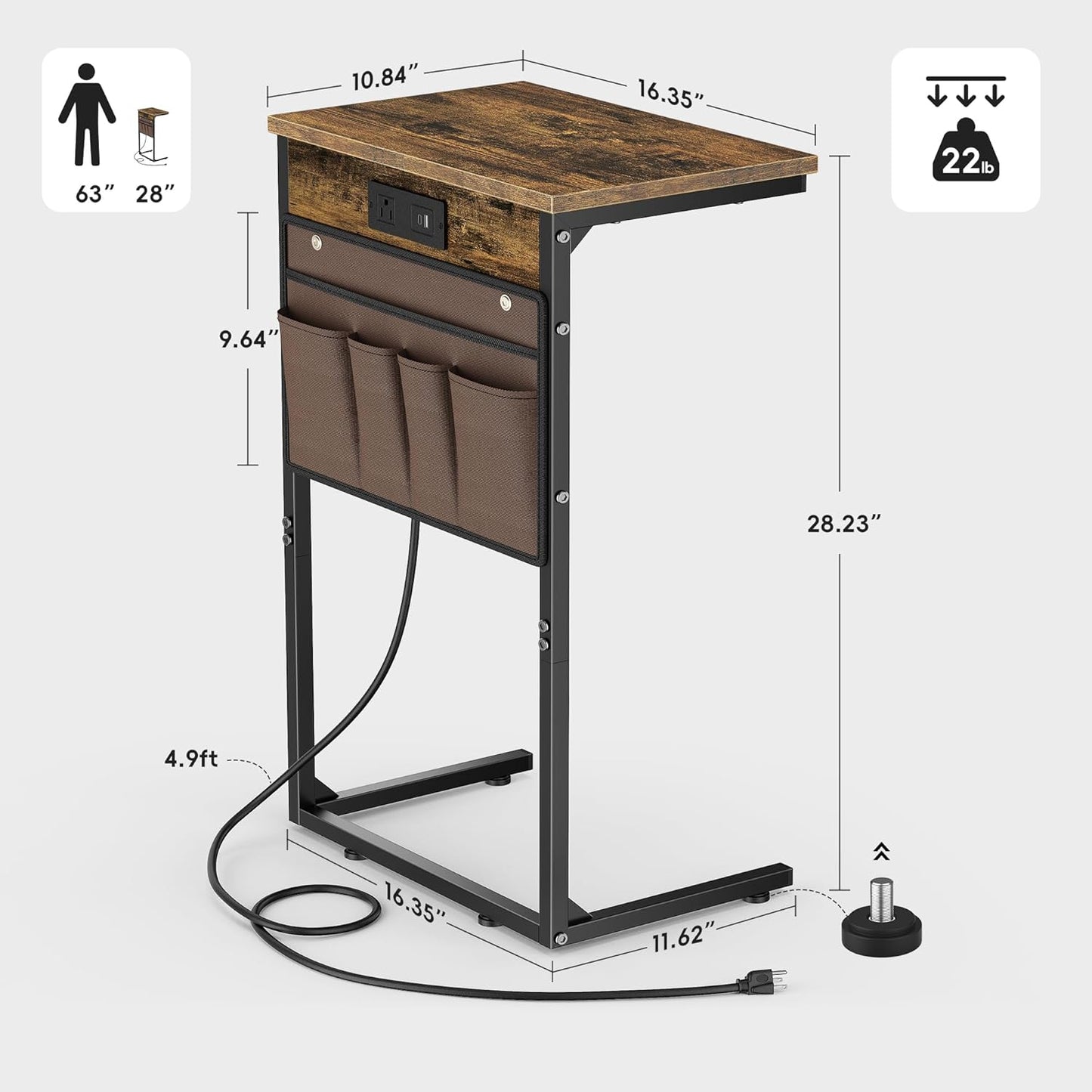 Vagusicc C Shaped End Table with Charging Station, 28" Tall Side Table for Couch, Sofa Table Small Couch Side Coffee Tables, Slide Under Sofa TV Tray Arm C Table for Living Room, Bedroom, Bedside