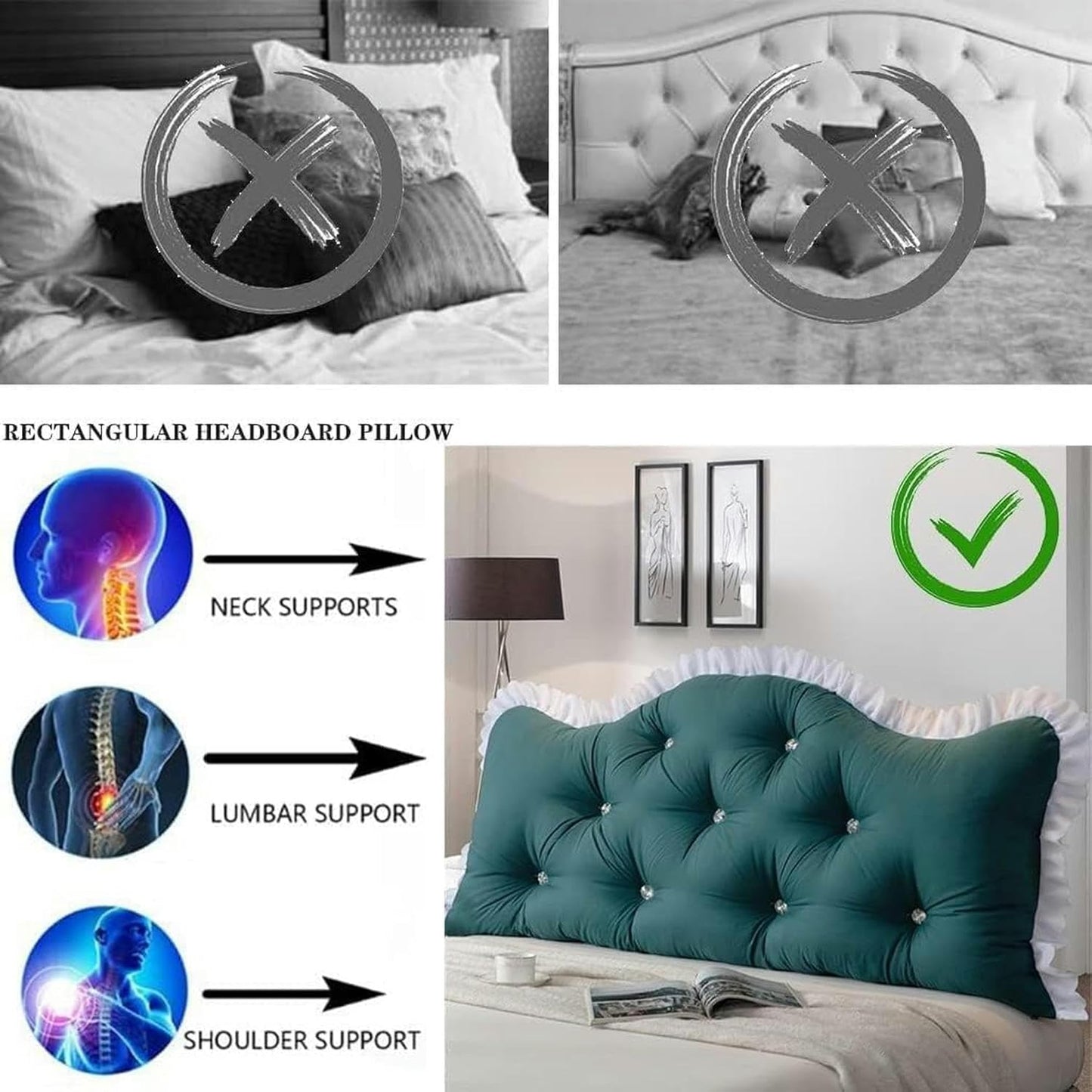 Solid Color Headboard Cushions, Removable Cover and Fixed Strap Heighten Soft Bolster Back Pillow Headboard Reading Pillow Bed Rest Pillows(Light Green,200cm)