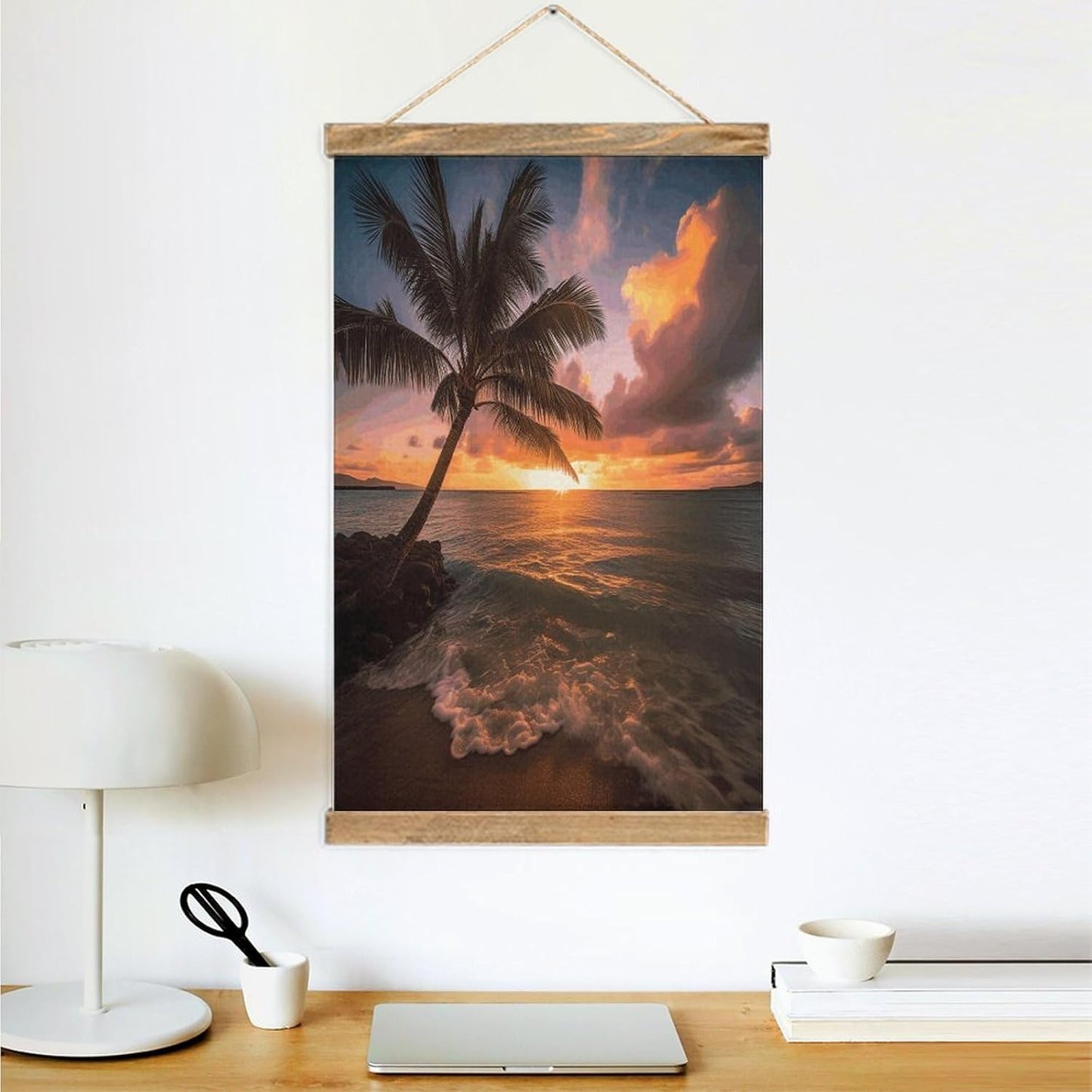 Vintage Palm Tree Sunset Beach Poster with Wooden Frame Personalized Linen Hanging Scroll Painting Rustic Wall Hanging Illustrative Modern Artwork Decor for Home Living Room Bedroom Office