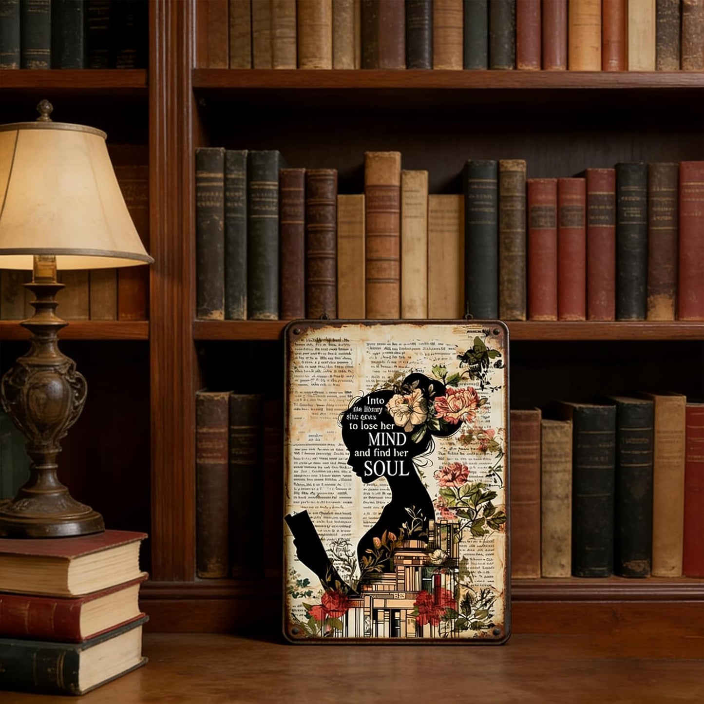 Girl Reading Book Vintage Metal Tin Sign Into The Library She Goes To Lose Her Mind And Find Her Soul Library Decor Poster Home School Coffee Shop Club 12x8 Inch