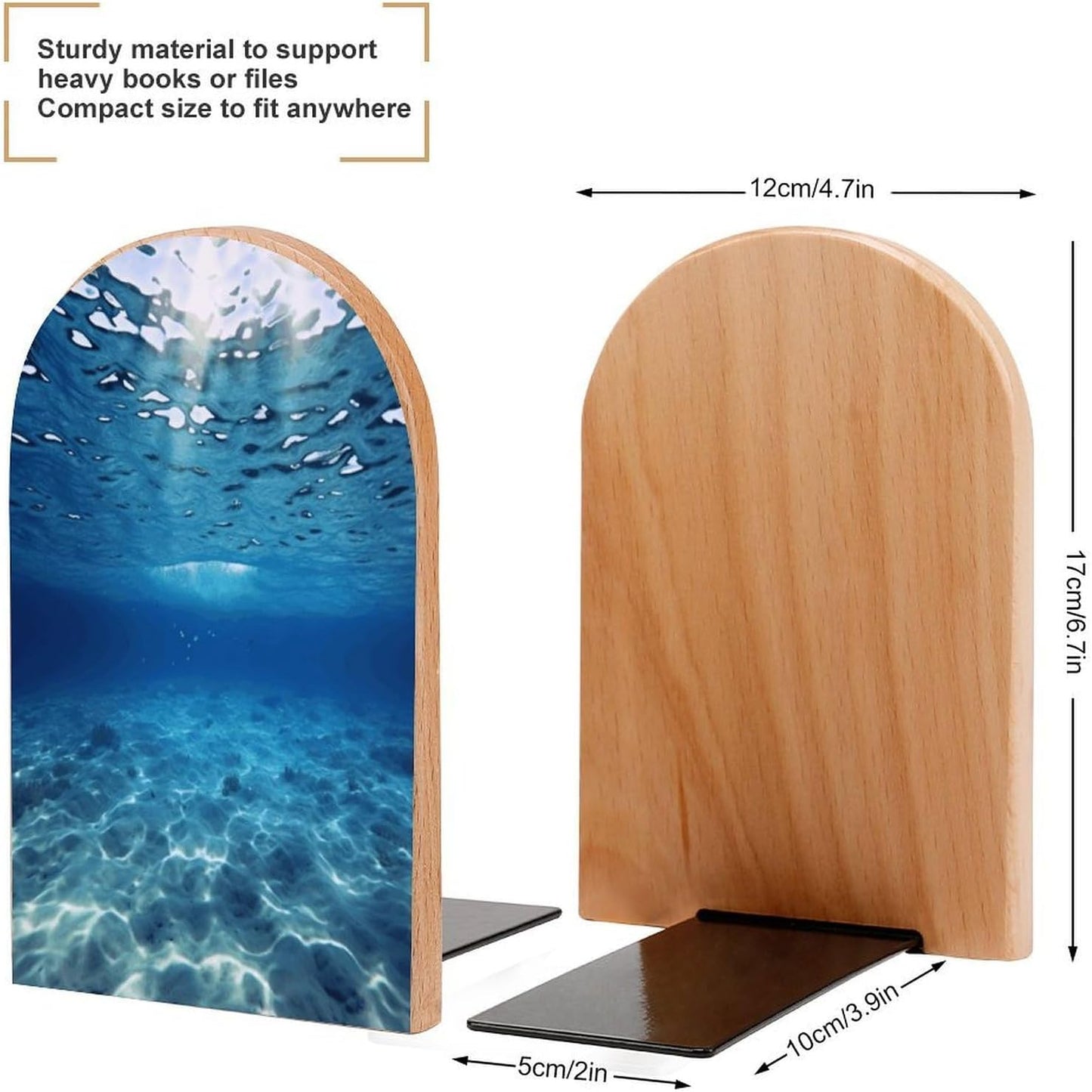 Blue Ocean Sea Bookend for Shelves Wooden Book End Large Size Sturdy Book Holders Stoppers with Metal Base for Bookshelves Slick Decorative Bookends Stands