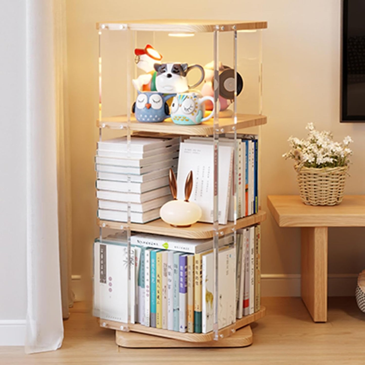 Square Rotating Bookshelf, Acrylic Organizer, 360 Spinning Display Rack, Floor Standing Bookcase Storage Rack for Living Room Decor(Natural,5 Tier:161cm)