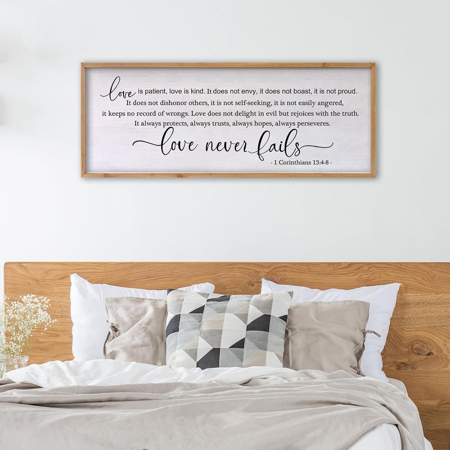 Love Is Patient Love Is Kind Wall Art – 32x12 Inch Framed Inspirational Scripture Sign, Wooden Christian Home Decor with 1 Corinthians 13 Message for Living Room, Bedroom, Wedding Gift