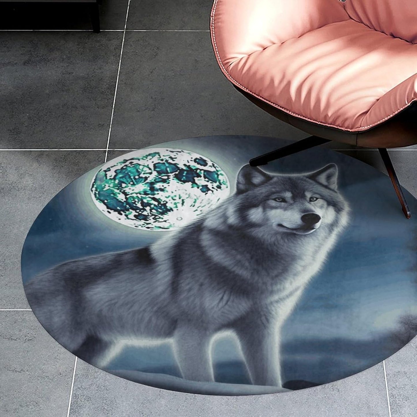 Wolf Under Moon Circle Rug Retro Luxury Coral Velvet Floor Mat Non Slip Soft Indoor Floor Carpet Comfy Thickened Area Rugs Modern Aesthetic Minimalist Carpets for Home Decor