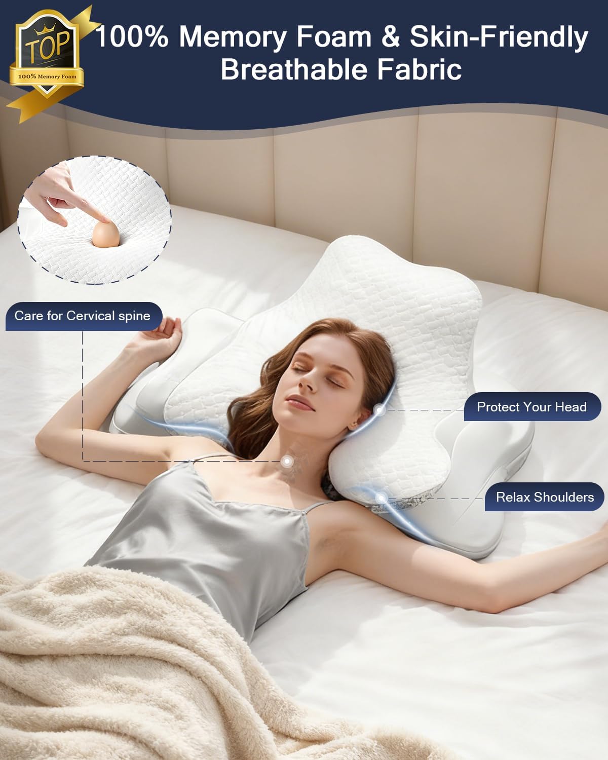 Cervical Neck Pillow & Reading Pillow for Sleeping and Reading, Ergonomic Memory Foam Orthopedic Bed Pillow, Neck Pain Relief Support for Lie Flat, Supine, Prone, and Reclining Positions(Pure White)