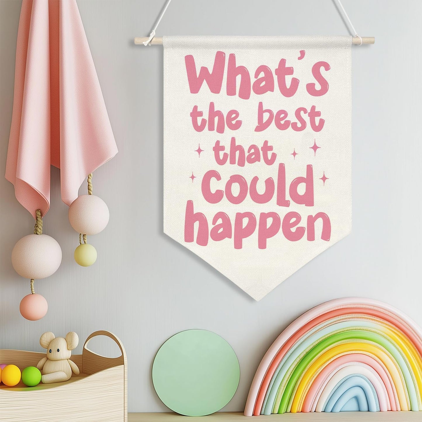 Motivational Quote Canvas Wall Banner – What’s the Best That Could Happen,Retro Pink Inspirational Poster, Wall Hanging Canvas Flag with Wooden Rod for Teen Girl Room, Dorm, Office, Classroom Decor, 11x16 Inch(KD06)