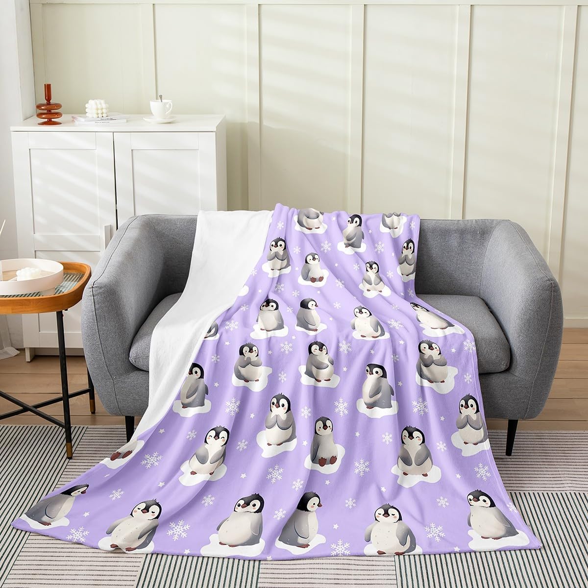 Erosebridal Purple Penguin Blanket Throw 50x60, Cartoon Animals Throw Blanket for Kids Boys Girls, Cute Winter Snowflakes Print Soft Fleece Blanket for Sofa Bed, Kawaii Snow All Seasons Fuzzy Blanket