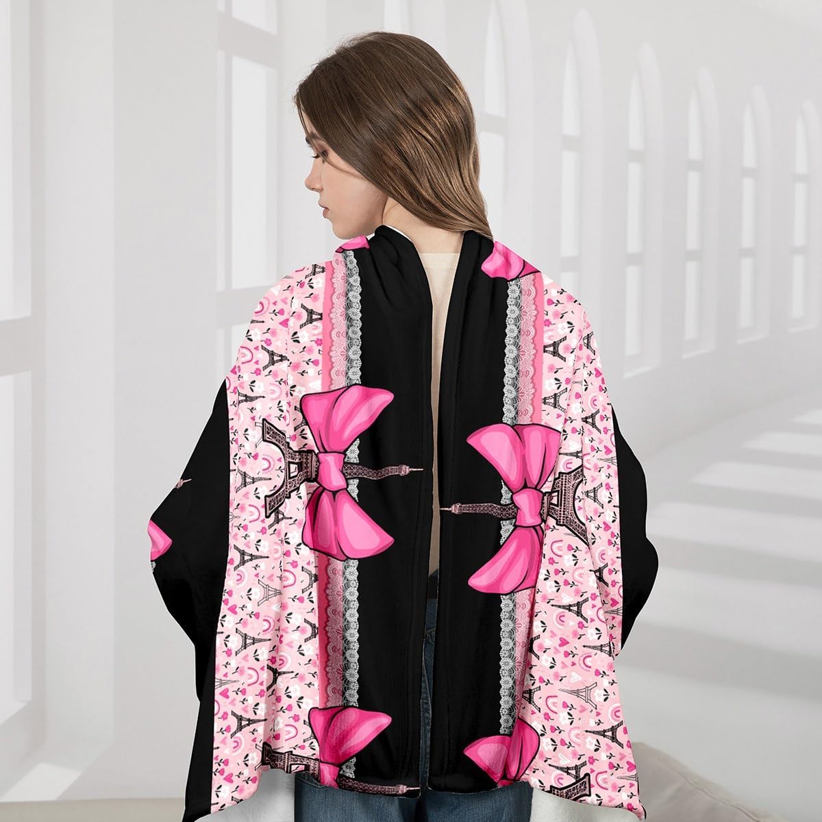 Feelyou Eiffel Tower Fleece Blanket with Sleeves 50"x70" Romantic Paris Bowknot Super Soft Sleeved Throw with Arm Black Pink Wearable Blanket Warm Cozy Modern French Fuzzy Plush Blanket