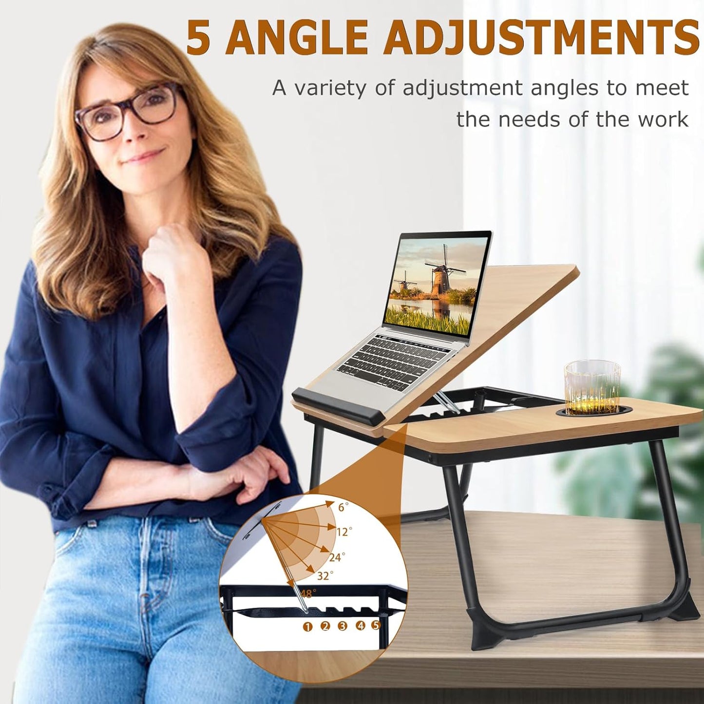 Adjustable Laptop Desk for Bed,Bed Table for Laptops,Laptop Stand for Beds,Lap Desk Foldable Bed Desk for Laptops and Writing,Portable Beds Tray Table with Cup Holder