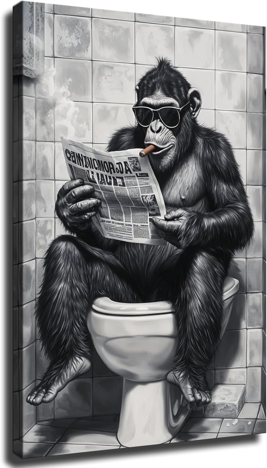 Monkey on Toilet Reading Newspaper Wearing Sunglasses Smoking Poster Canvas Wall Art Framed Wall Art Prints Living Room Bedroom Decor Paintings (24x36inch-Framed)