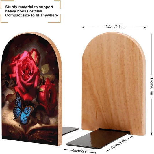 Beautiful Flower Butterfly Roses Bookend for Shelves Wooden Book End Large Size Sturdy Book Holders Stoppers with Metal Base for Bookshelves Slick Decorative Bookends Stands