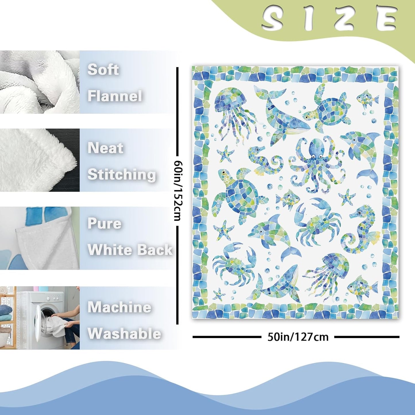Ocean Life Mosaic Blue Flannel Throw Blanket, Coastal Whale Dolphin Octopus Sea Turtle Crab Gifts for Kids Men Women, Beach Marine Creature Soft Blanket for Bedding Sofa 50 x 60 Inches