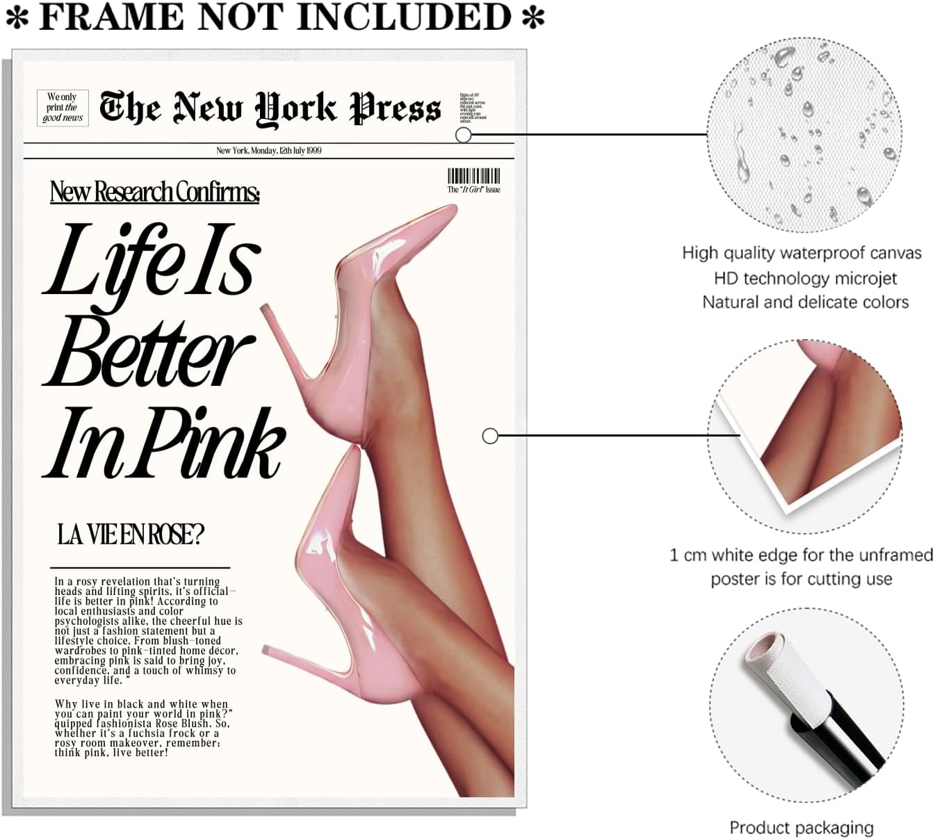 Vintage Baby Pink Newspaper Wall Art Retro News Headline Poster Trendy Preppy Girl Aesthetic Decor for Bedroom Apartment Dorm Life is Better in Pink Canvas Print Picture 12x18inch Unframed