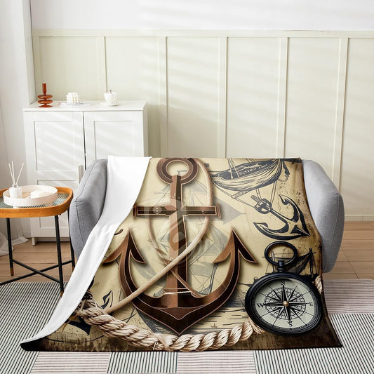 Erosebridal Nautical Anchor Blanket Queen 90x90,Vintage 3D Ship Anchor Fuzzy Blanket for Boys Girls Teens,Navigation Compass Fleece Blanket for Sofa Bed Couch,Retro Navigation Theme Throw Blanket