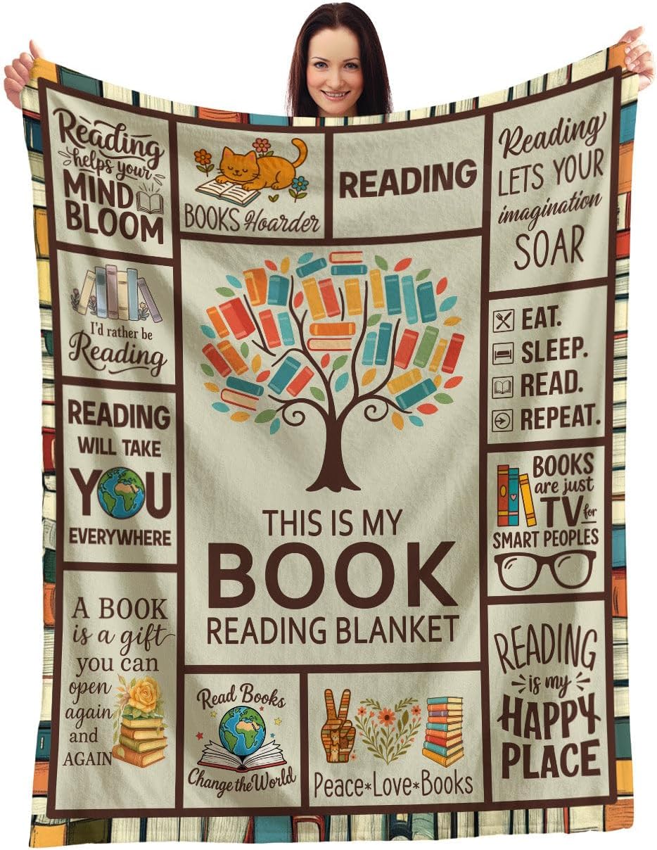 Book Lover Reading Blanket - Cozy Throw with Cute Reading Quotes and Book Illustrations for Readers Librarians Writers and Literature Enthusiasts for Home Or Library