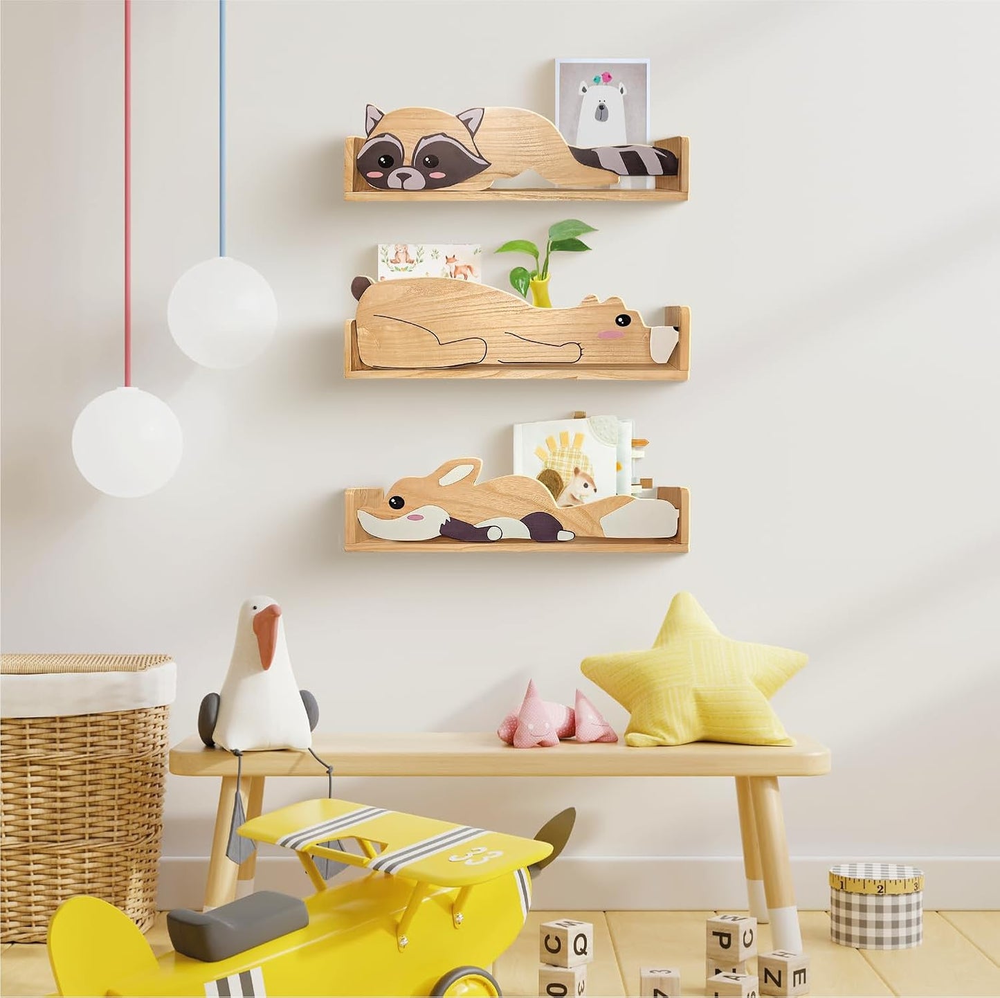 3 Floating Shelves, Wall Shelf for Kids Rooms, Woodland Nursery Bookshelves, Bear Fox and Raccoon 24inch