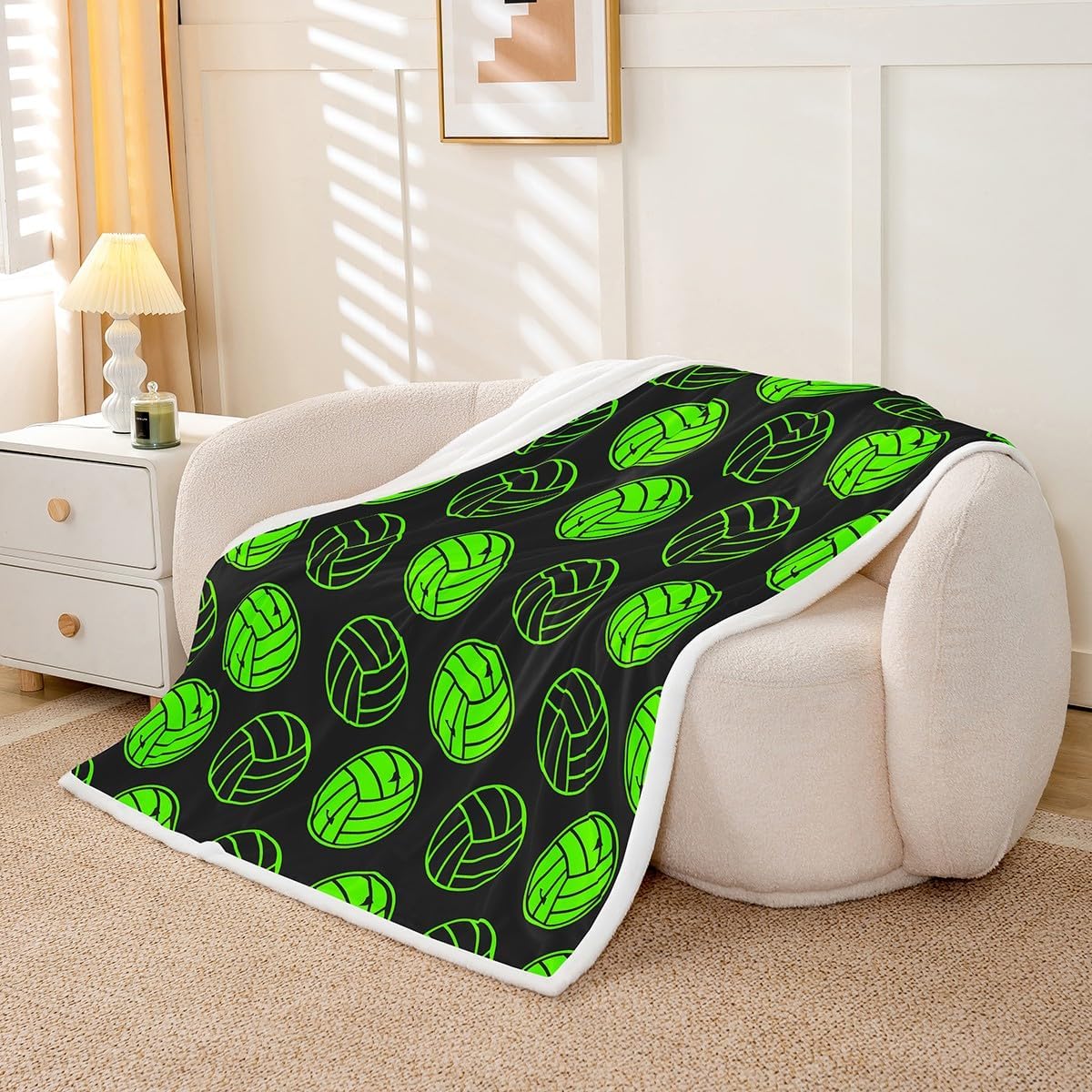 Feelyou Volleyball Fleece Blanket Kids Volleyball Sports Theme Sherpa Throw Blanket 3D Ball Games Fuzzy Plush Blanket for Boys Girls Green Black Room Decor Lightweight Flannel Blanket Throw 50"x60"