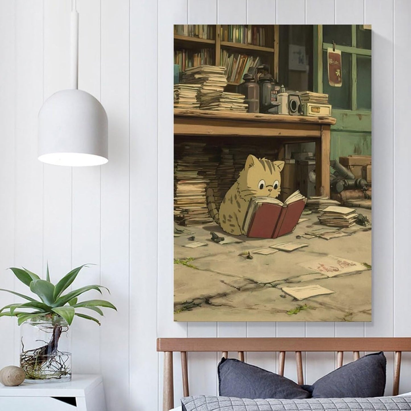 Kitten Sitting Room Full Books Clutter Seriously Reading Red Book Canvas Wall Art Living Unframe-style-2 08x12inch(20x30cm)