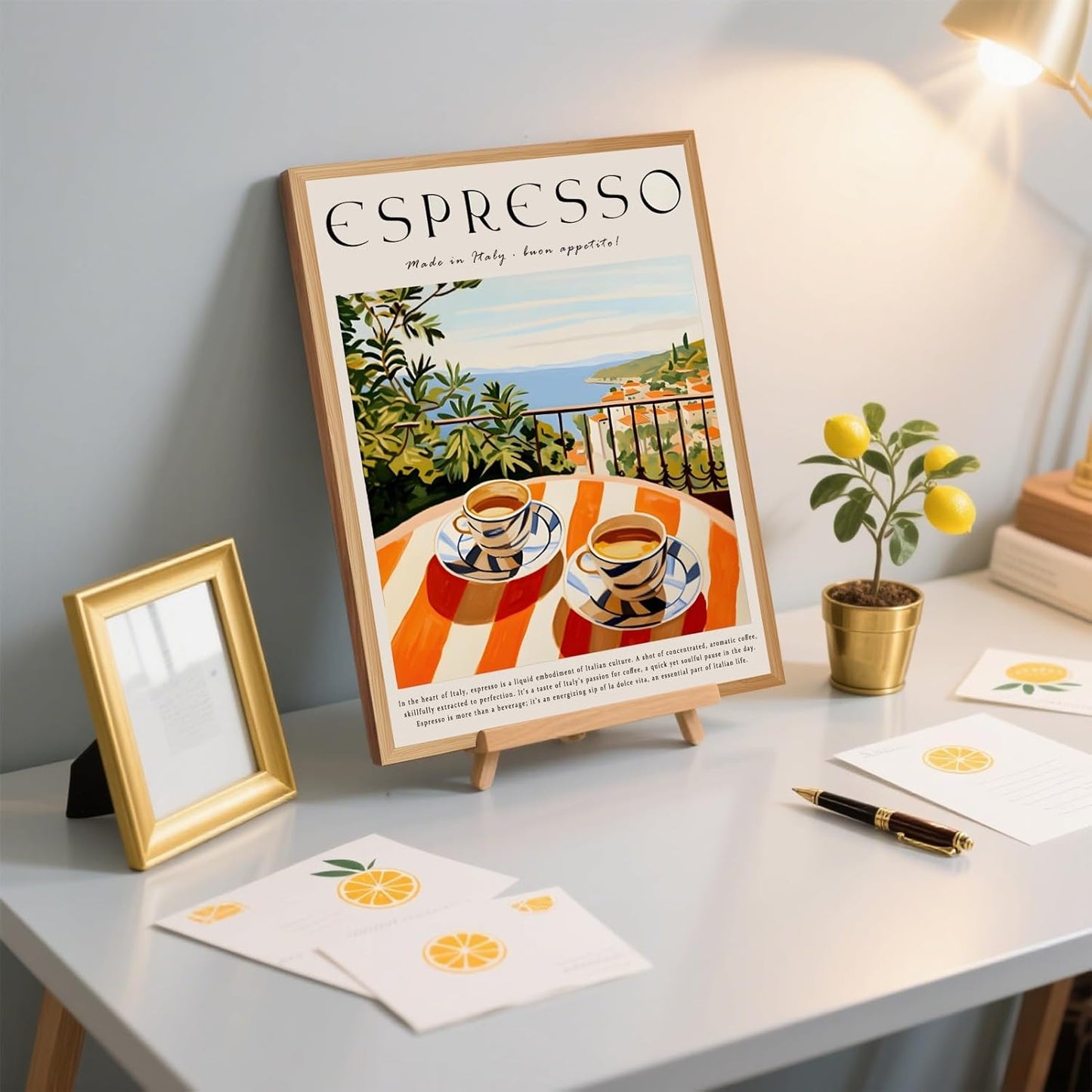 Trendy Espresso Coffee Wall Art Italian Coast Poster Breakfast Balcony View Canvas Print Vintage Cafe Wall Decor Aesthetics Italy Travel Painting for Kitchen Dining Room 16x24inch Wood Frame