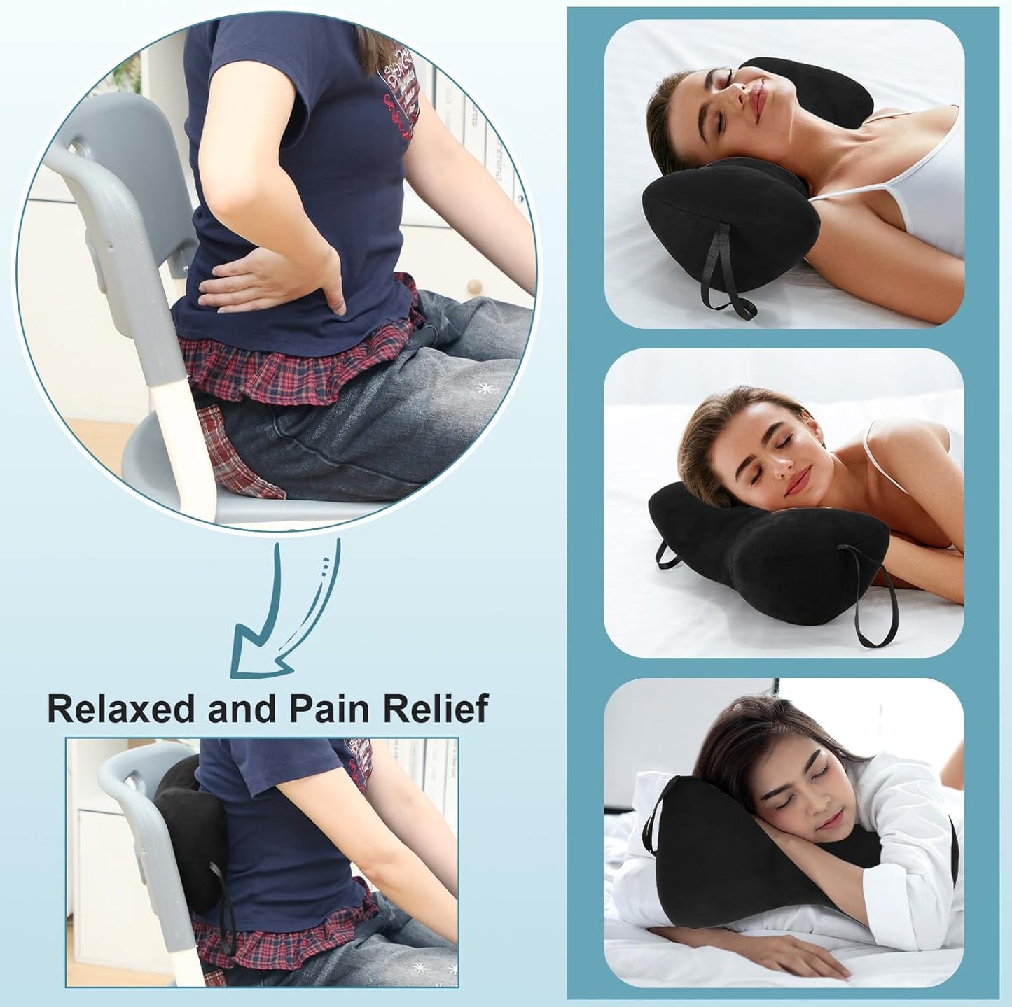 Chunful 1pcs Dog Bone Shaped Chiropractic Neck and Back Pillow for Cervical Support with Adjustable 37 Inches Strap Sofa Lounge Chair Pillow for Travel Home Use, 15 x 7 x 5 Inches (Black)